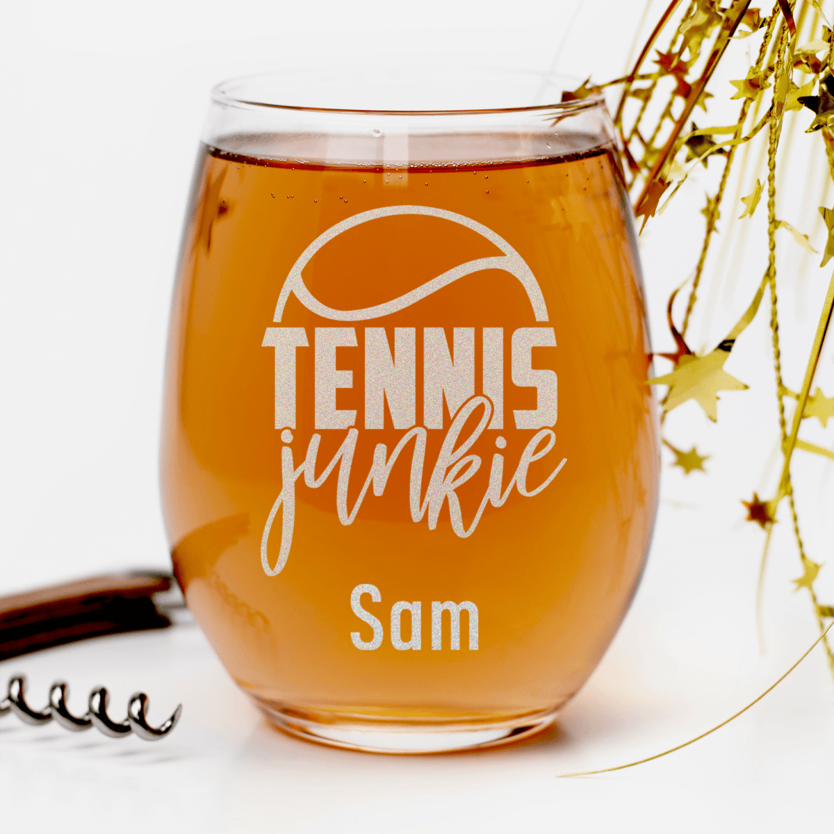 Personalized Tennis Junkie Stemless Wine Glass for her, Customized Gifts for Women by Groovy Girl Gifts