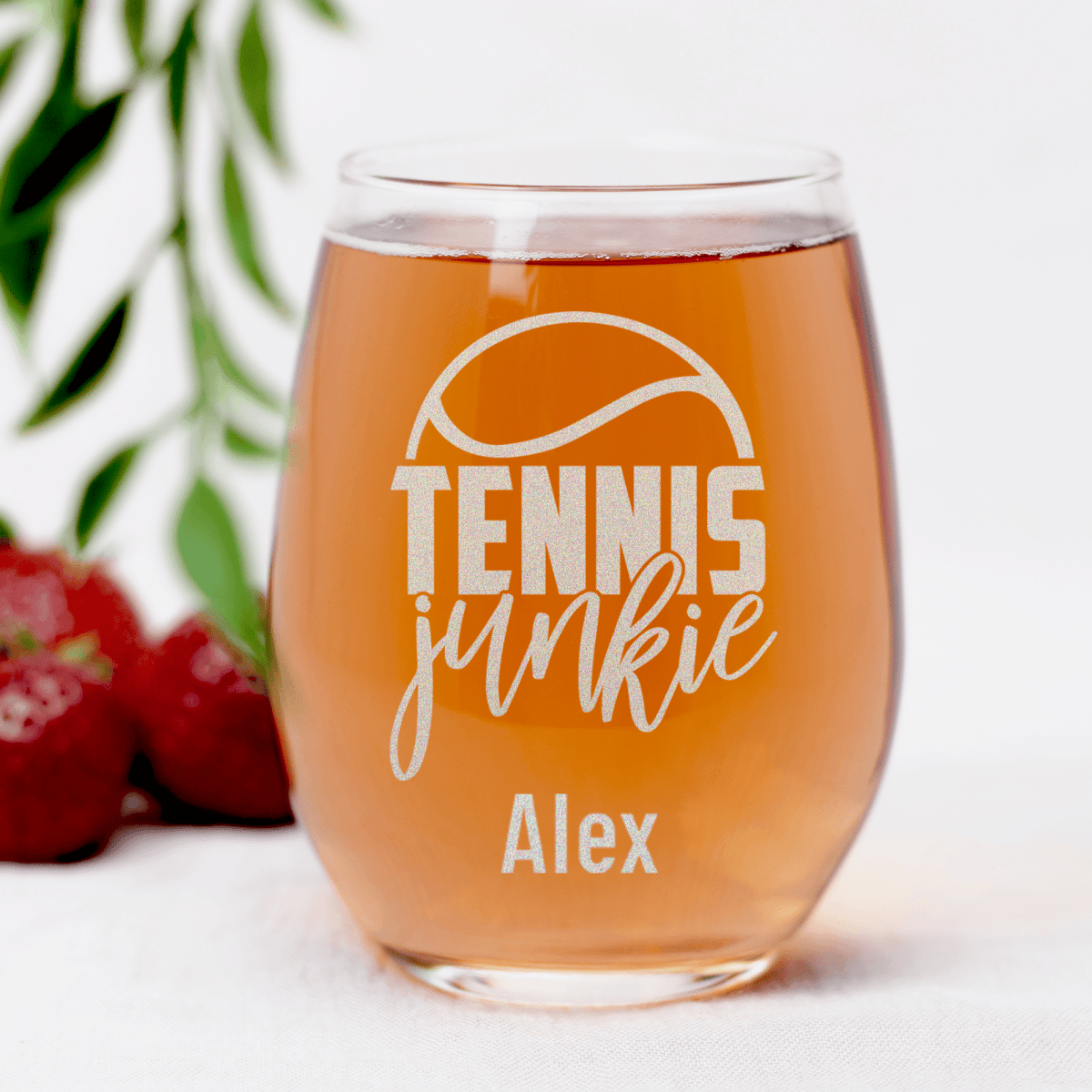 Personalized Tennis Junkie Stemless Wine Glass for her, Customized Gifts for Women by Groovy Girl Gifts