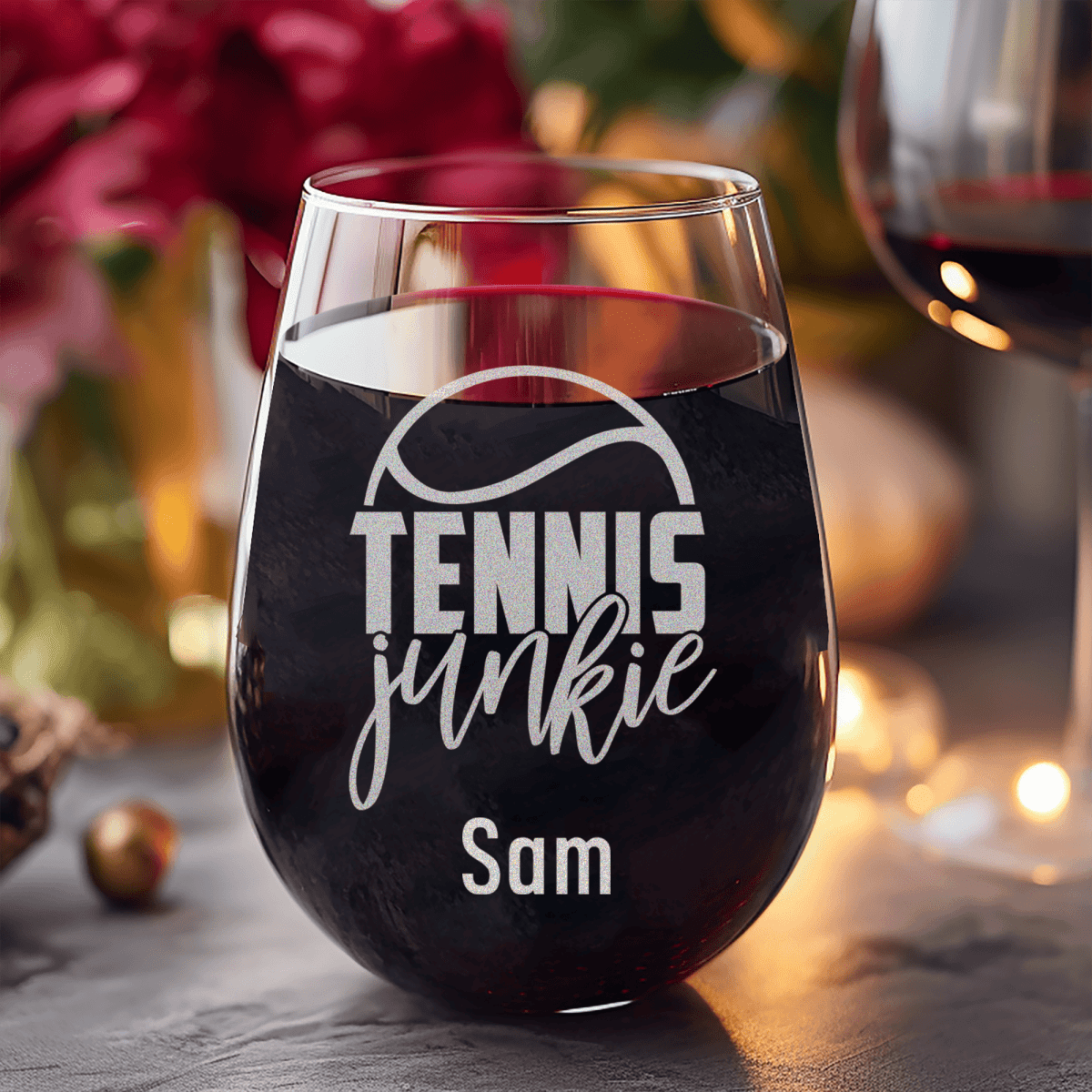 Personalized Tennis Junkie Stemless Wine Glass for her, Customized Gifts for Women by Groovy Girl Gifts