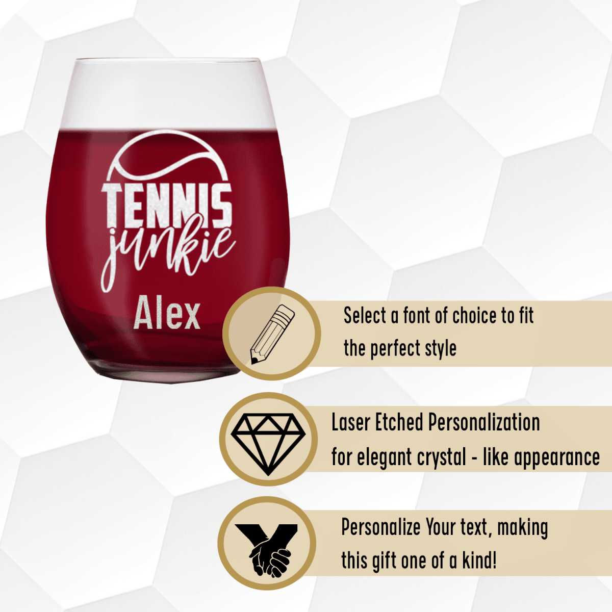 Personalized Tennis Junkie Stemless Wine Glass for her, Customized Gifts for Women by Groovy Girl Gifts