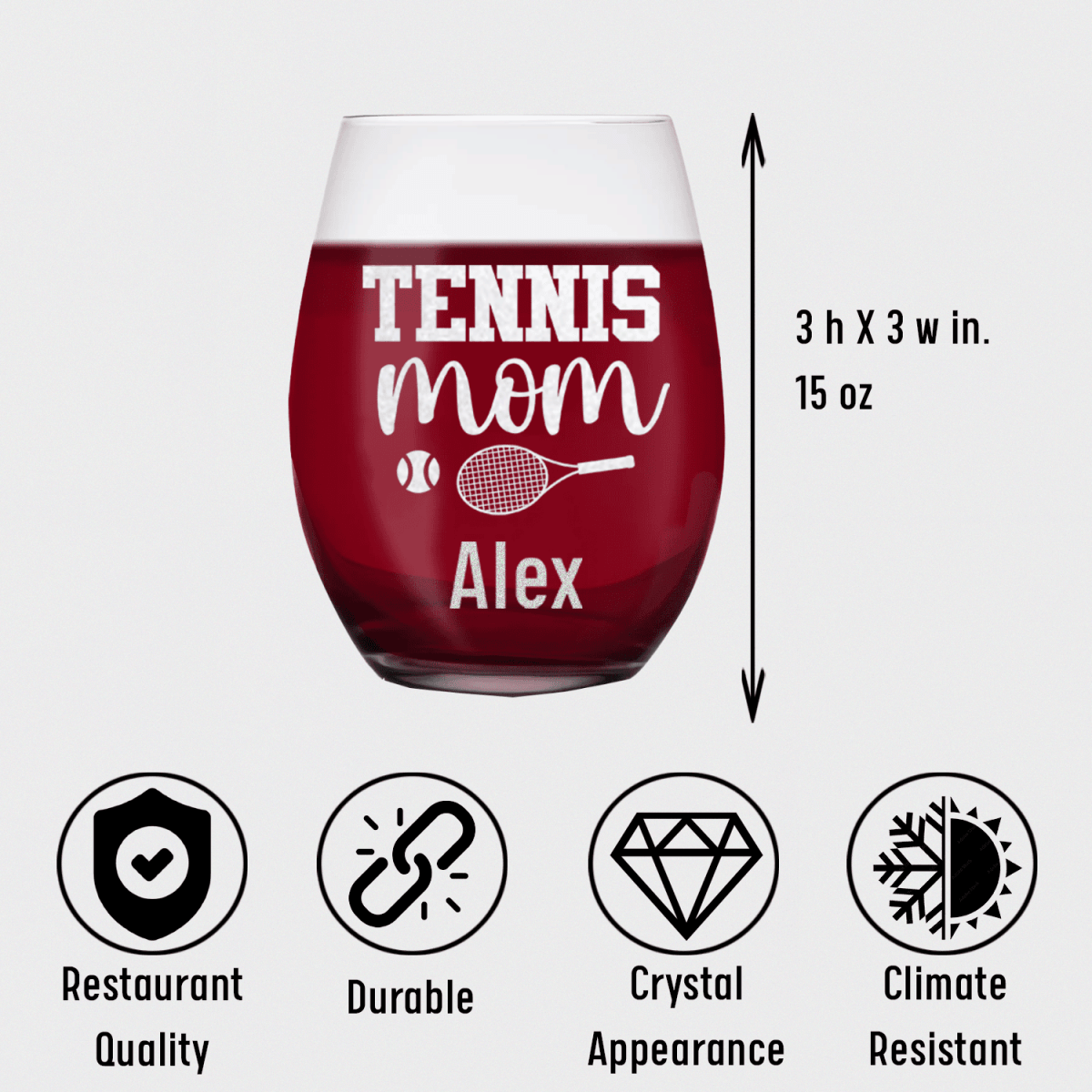 Personalized Tennis Mom Stemless Wine Glass for her, Customized Gifts for Women by Groovy Girl Gifts
