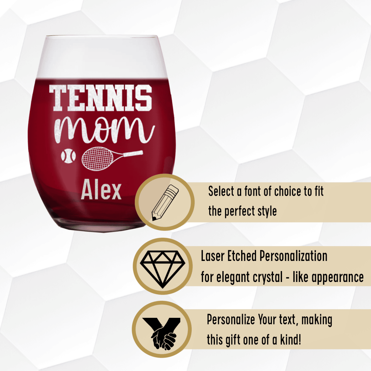 Personalized Tennis Mom Stemless Wine Glass for her, Customized Gifts for Women by Groovy Girl Gifts