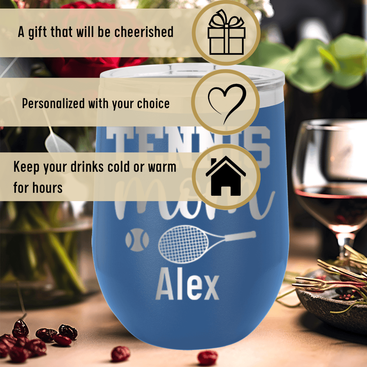 Personalized Tennis Mom Wine Tumbler for her, Customized Gifts for Women by Groovy Girl Gifts