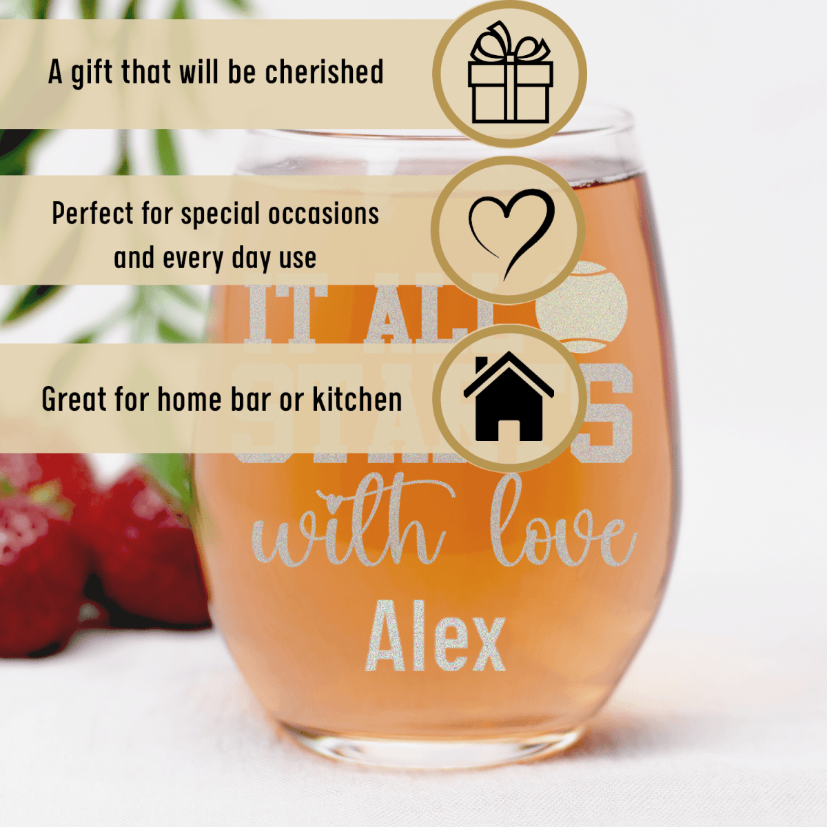 Personalized Tennis Starts With Love Stemless Wine Glass for her, Customized Gifts for Women by Groovy Girl Gifts