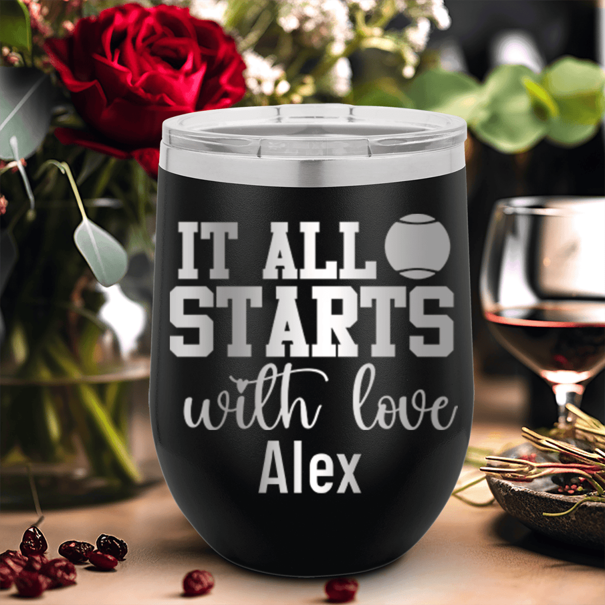 Personalized Tennis Starts With Love Wine Tumbler for her, Customized Gifts for Women by Groovy Girl Gifts