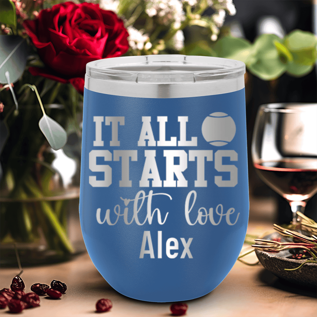 Personalized Tennis Starts With Love Wine Tumbler for her, Customized Gifts for Women by Groovy Girl Gifts