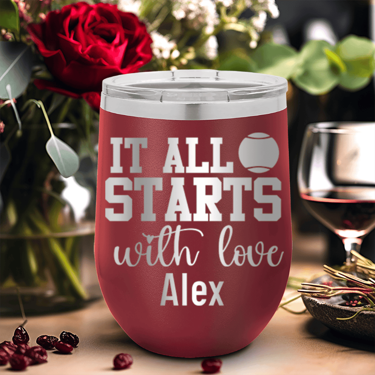 Personalized Tennis Starts With Love Wine Tumbler for her, Customized Gifts for Women by Groovy Girl Gifts