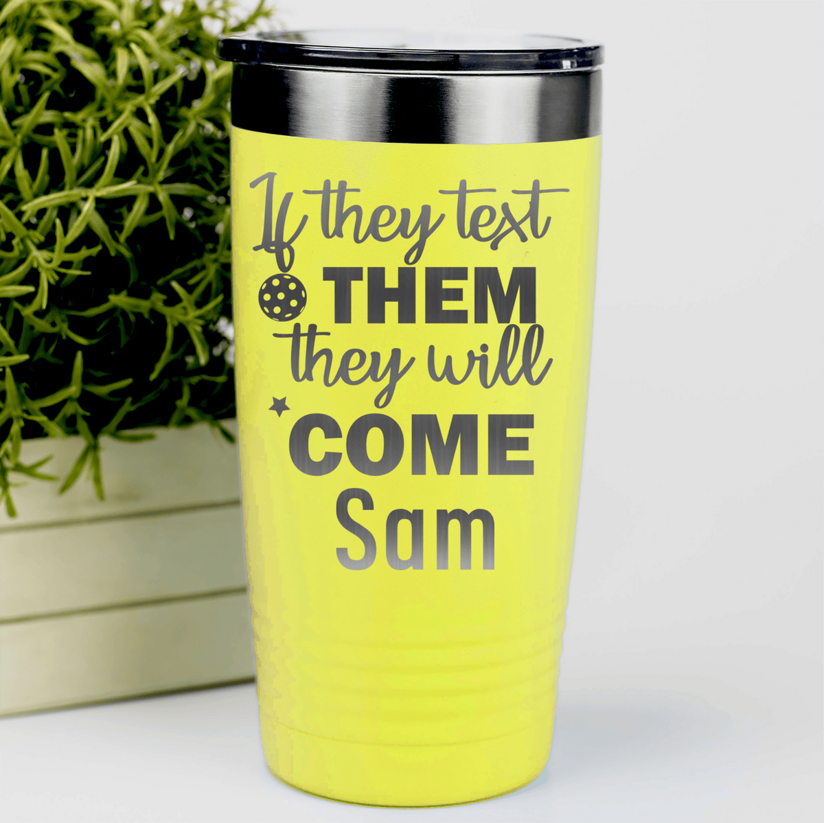 Yellow Pickleball Tumbler With Text Pickle Design