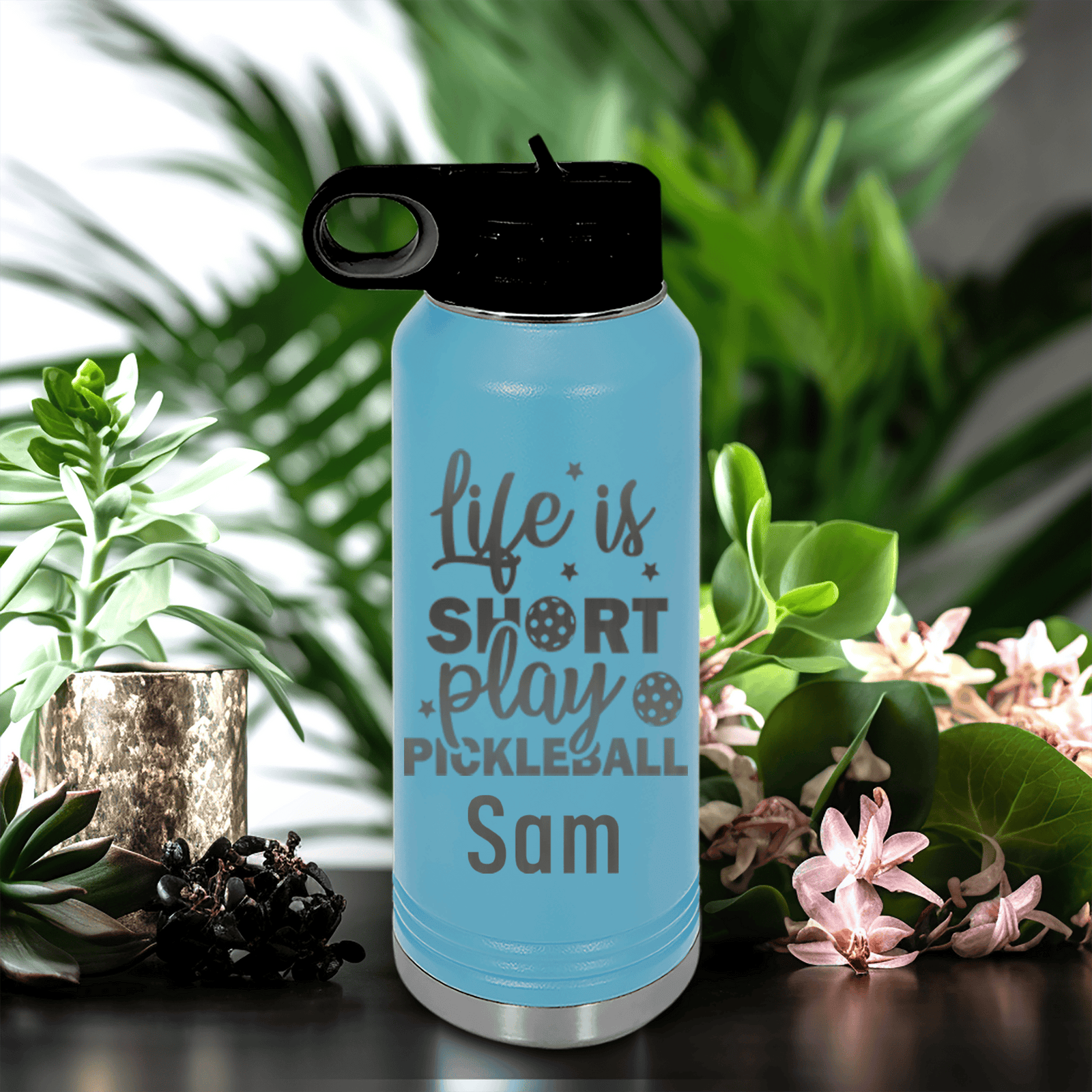 Light Blue Pickleball Water Bottle With That Pickle Life Design