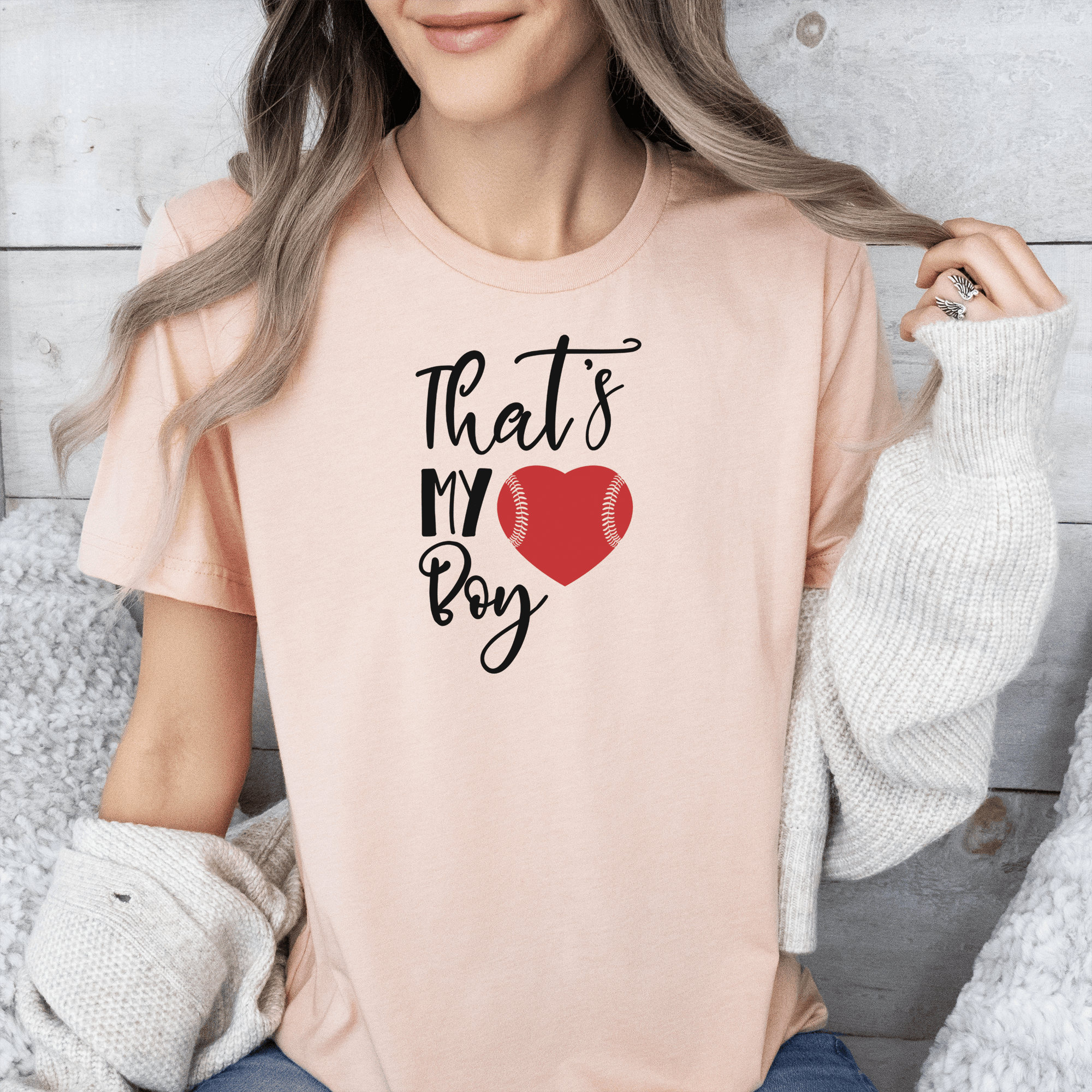 Womens Heather Peach T Shirt with Thats-My-Baseball-Boy design