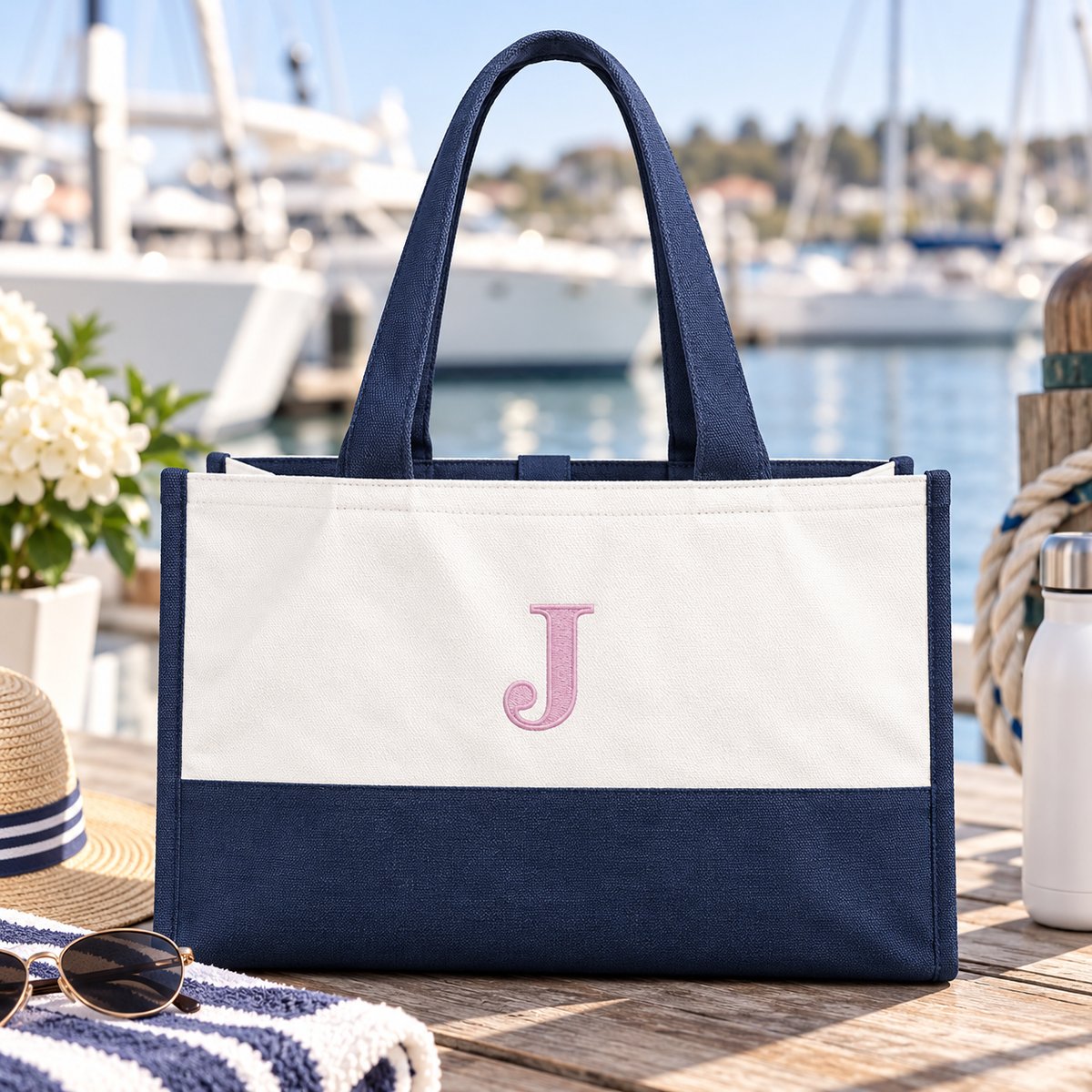 A canvas tote bag with a navy blue bottom panel, white upper panel, and a pink embroidered letter 'J' on the front, set on a wooden dock with a blurred marina background.