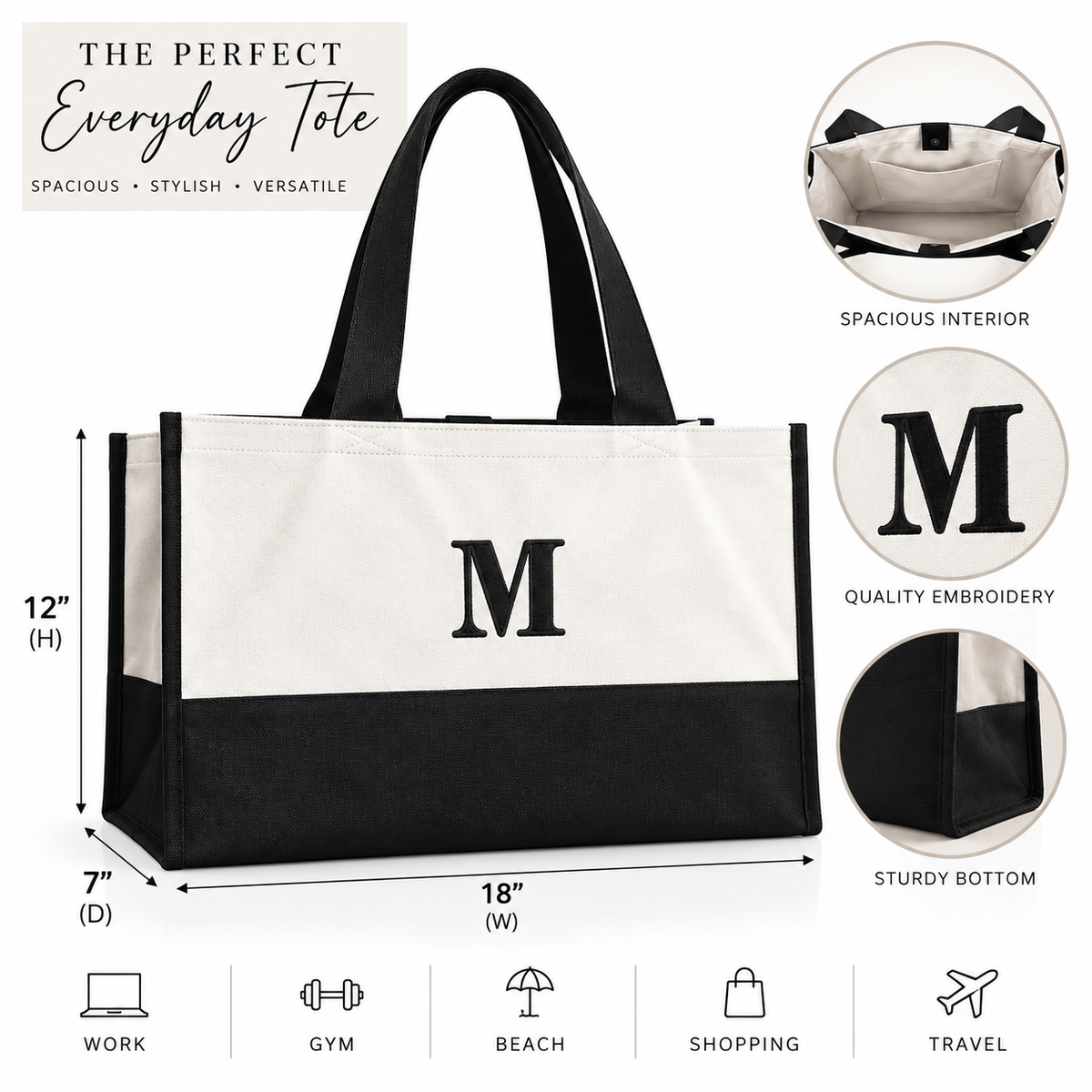 Infographic showing the tote's dimensions, 12 inches high by 18 inches wide by 7 inches deep, plus close-ups of the spacious interior, embroidered monogram, and sturdy reinforced bottom.