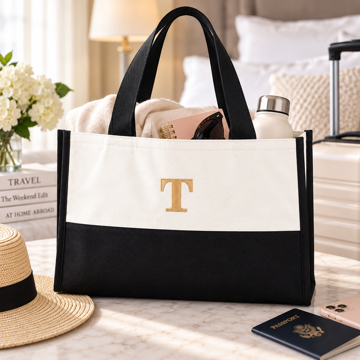 A black and white canvas tote bag with a gold monogram letter 'T' on the front, styled in a bright, modern bedroom setting with travel accessories like a straw hat, passport, and water bottle.