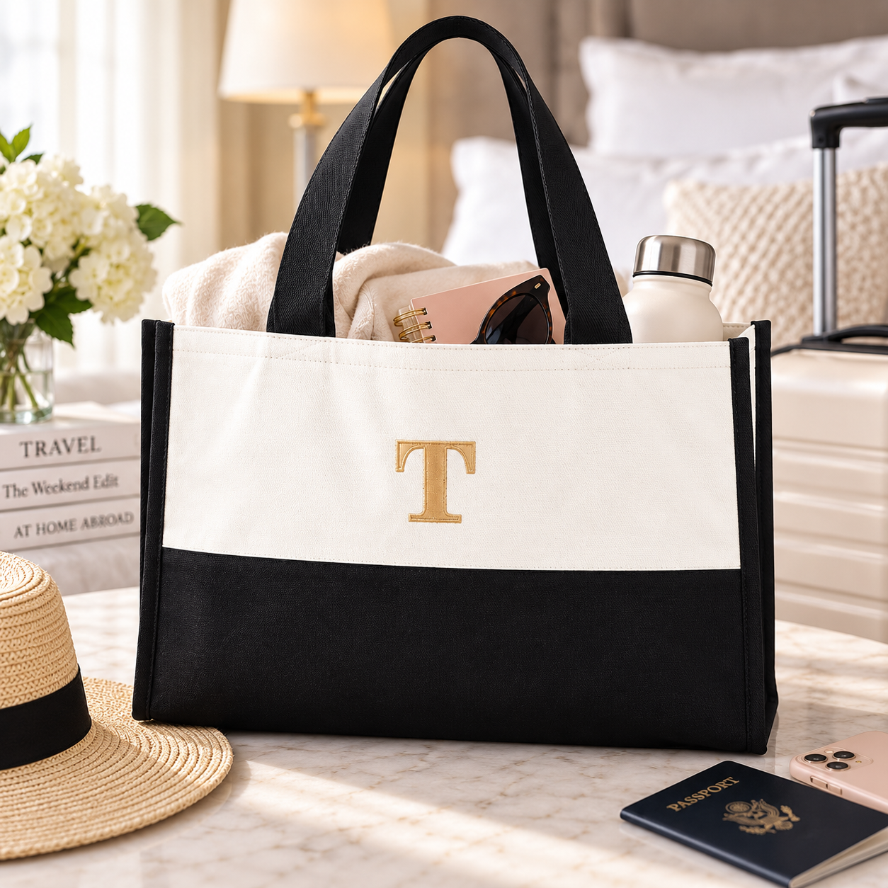 A black and white canvas tote bag with a gold monogram letter 'T' on the front, styled in a bright, modern bedroom setting with travel accessories like a straw hat, passport, and water bottle.