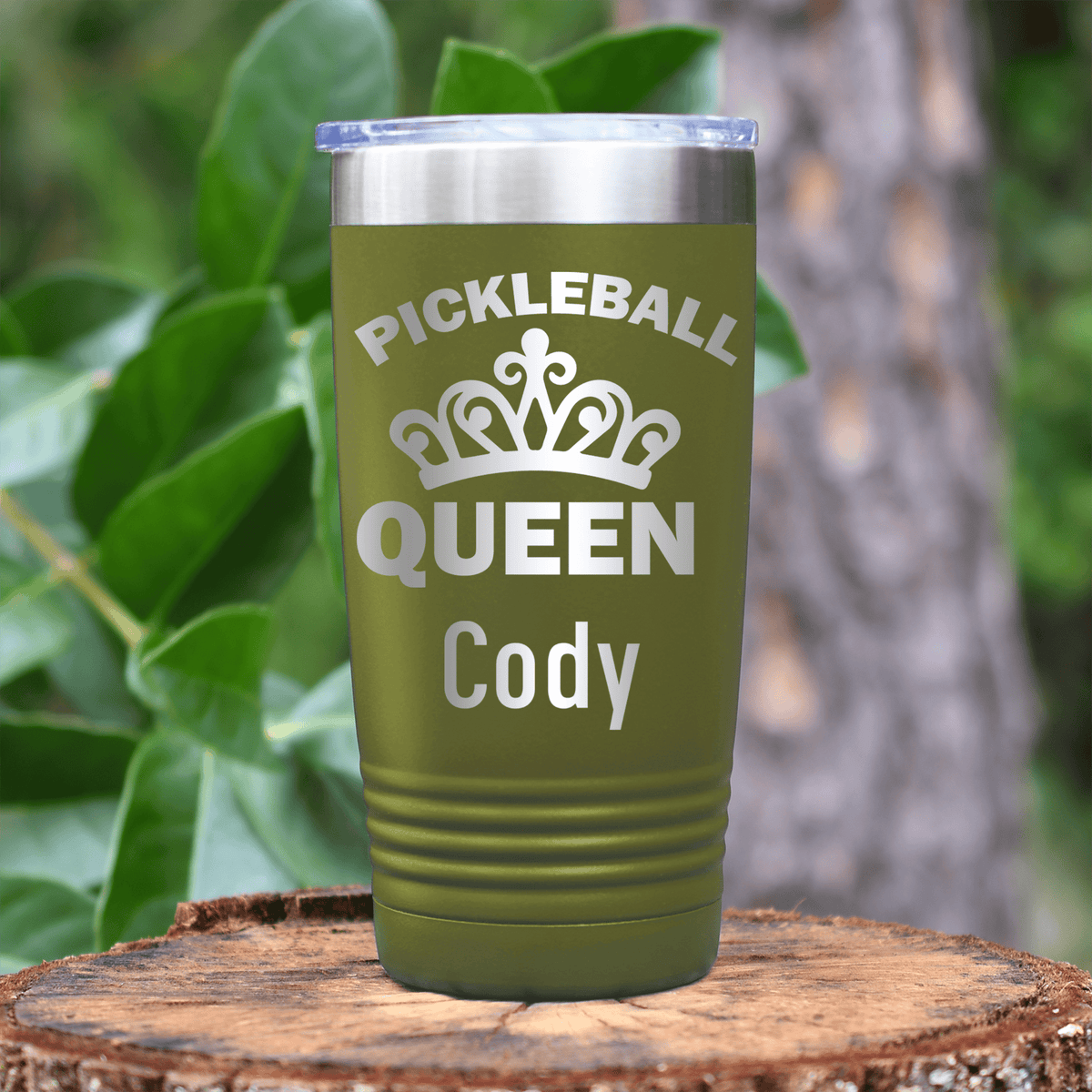 Military Green Pickleball Tumbler With The Pickleball Queen Design