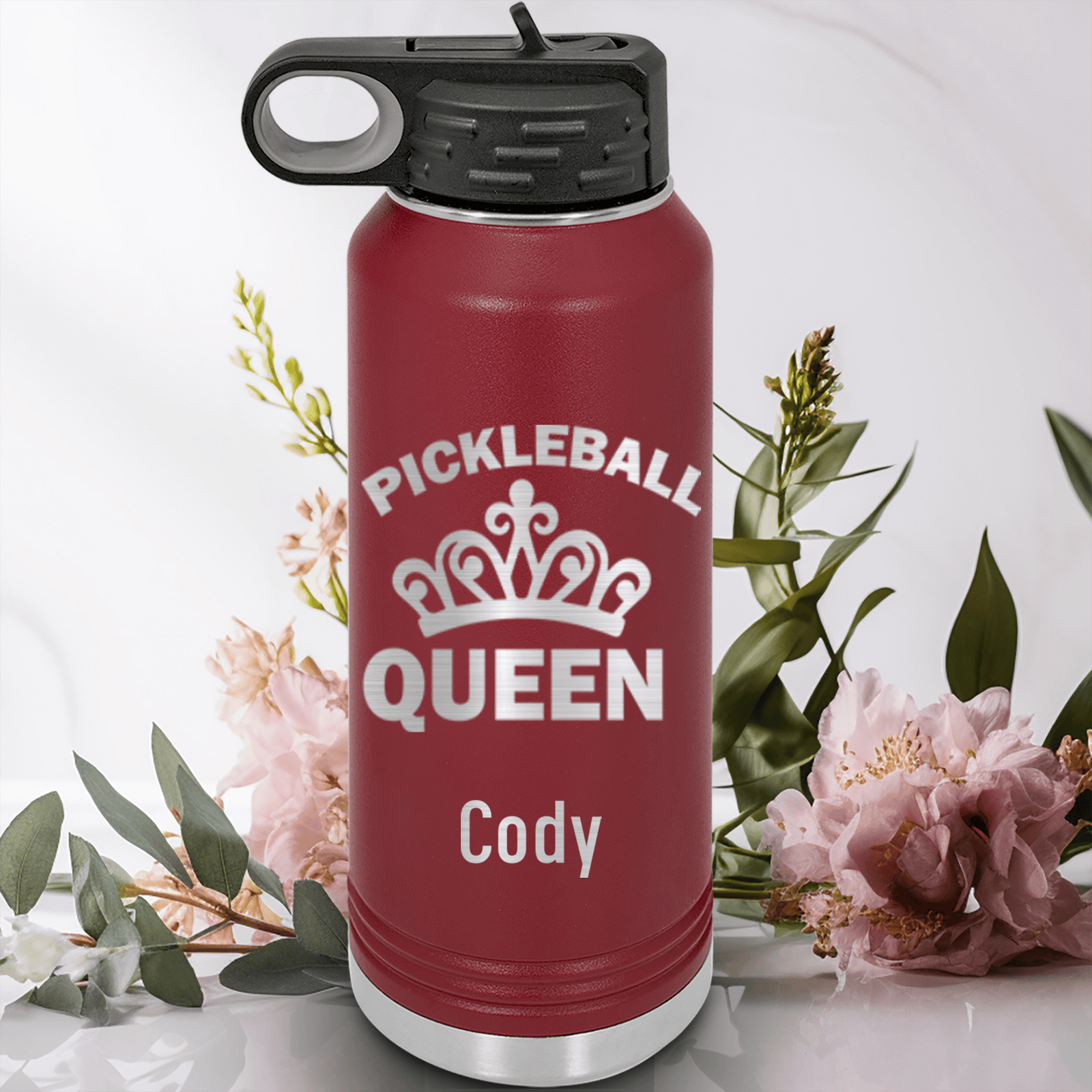 Maroon Pickleball Water Bottle With The Pickleball Queen Design