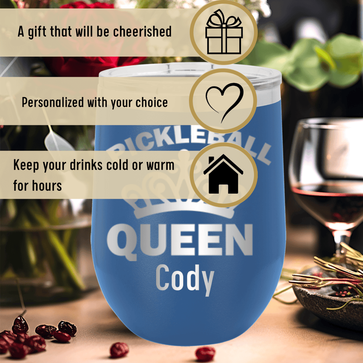 Personalized The Pickleball Queen Wine Tumbler for her, Customized Gifts for Women by Groovy Girl Gifts