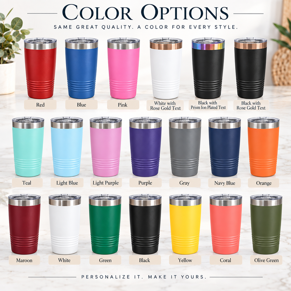 Font and layout comparison chart showing Times New Roman engraved vertically and Great Vibes script engraved horizontally on two personalized coffee tumblers.