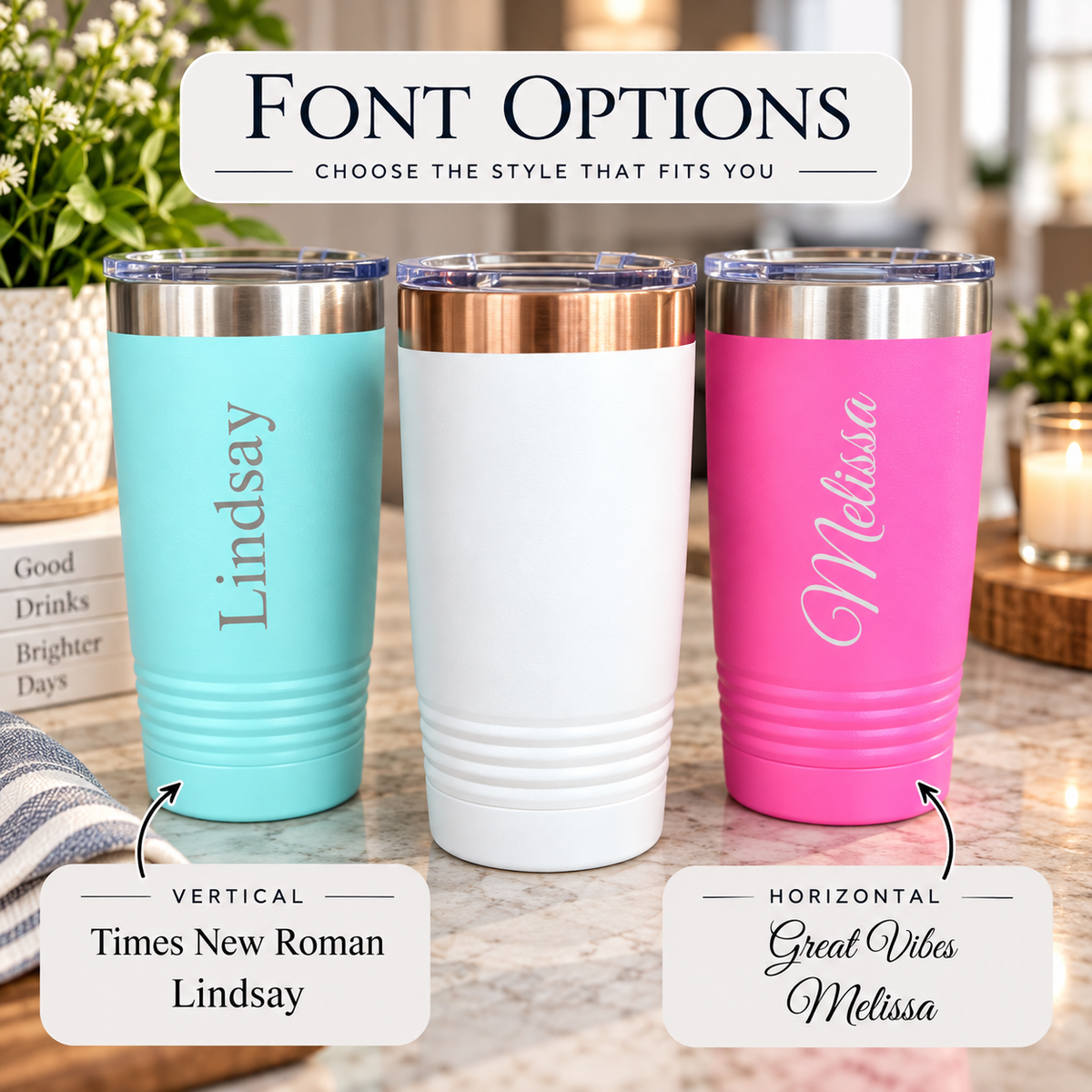 Diagram comparing vertical and horizontal name placement on two personalized coffee tumblers, with the name Harper engraved top to bottom and Katie left to right.