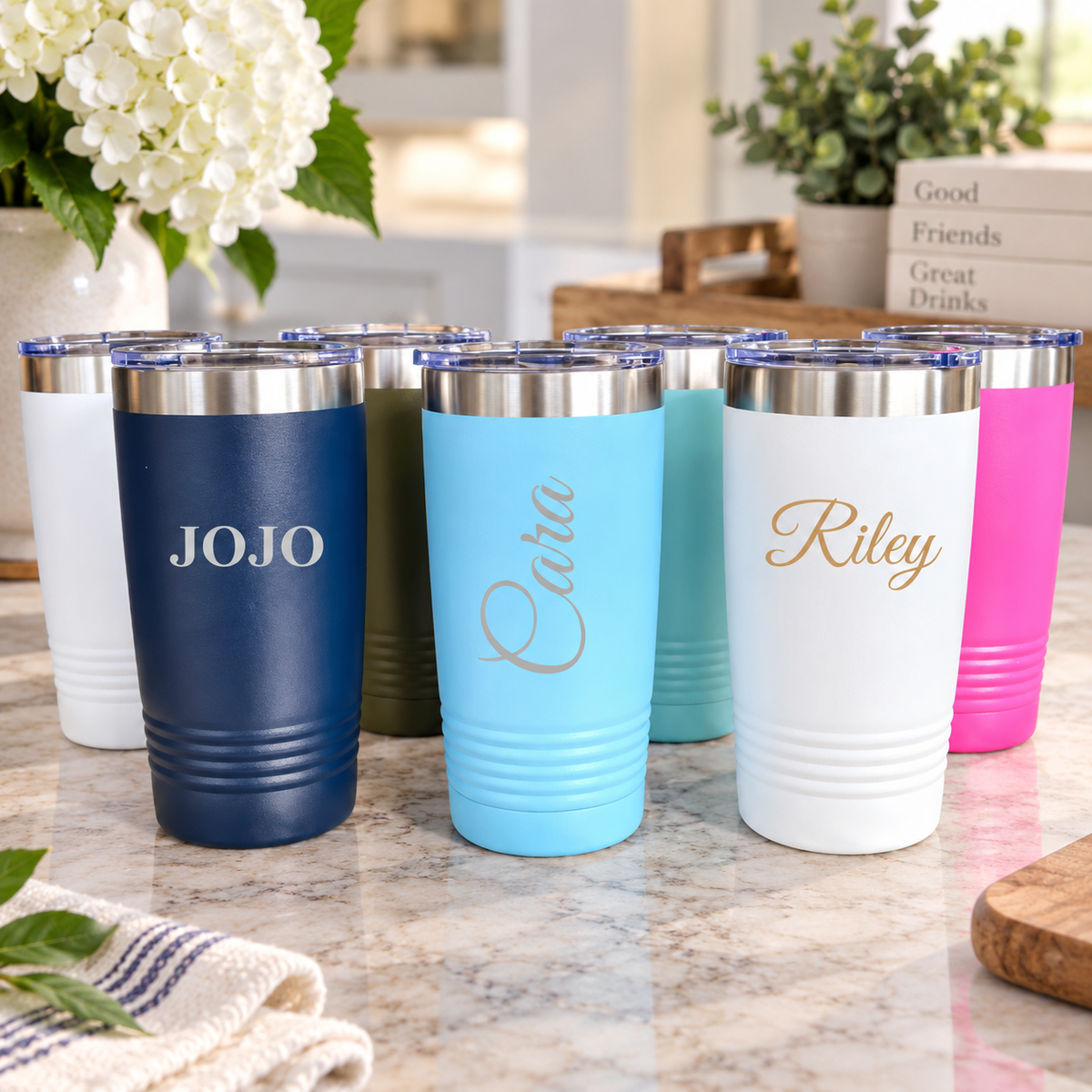 Color options chart for the personalized coffee tumbler showing all 20 available colors, including red, teal, navy, black, and rose gold text finishes.