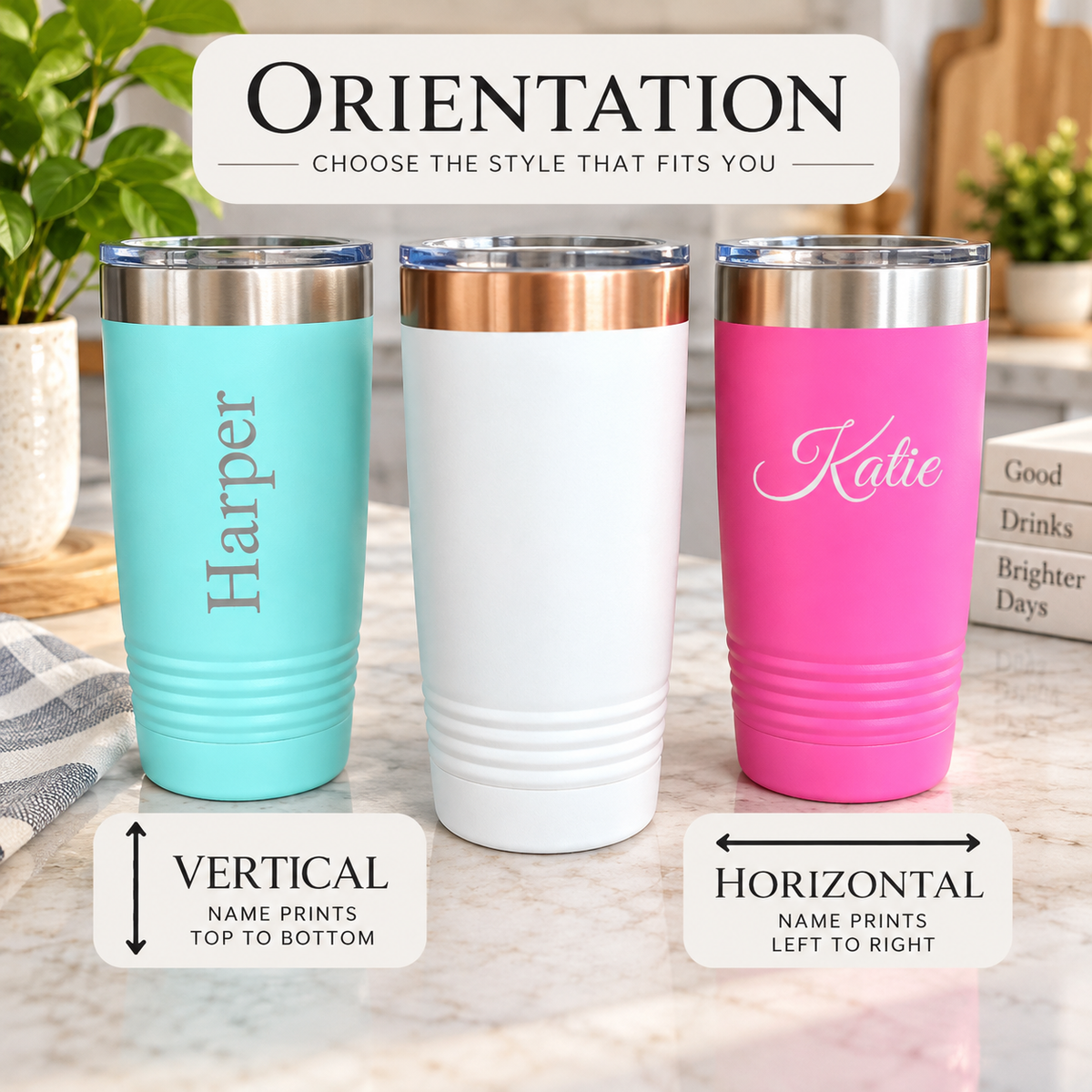 Five personalized insulated coffee tumblers in white, olive green, red, navy, and light blue with their clear sliding lids removed, engraved with the names Jenna, Hannah, and Lilly.