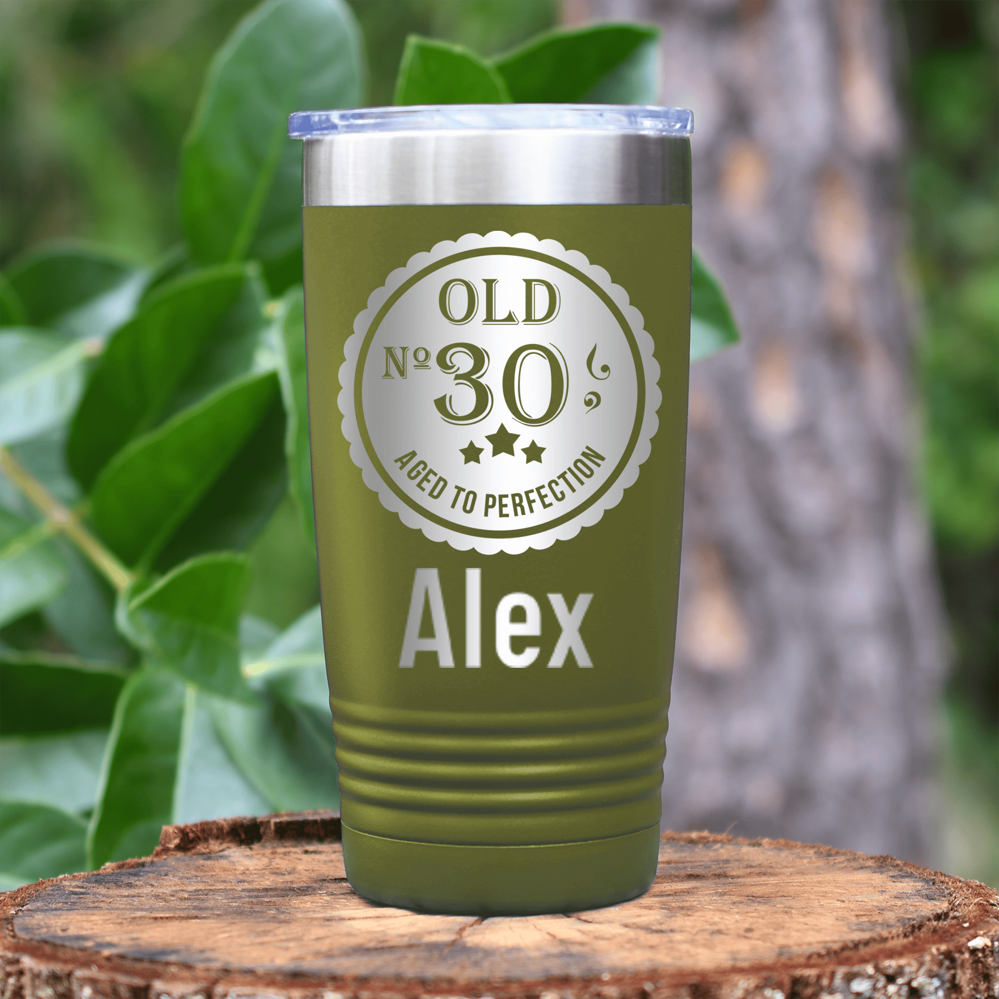 Military Green Birthday Tumbler With Thirty Aged To Perfection Design
