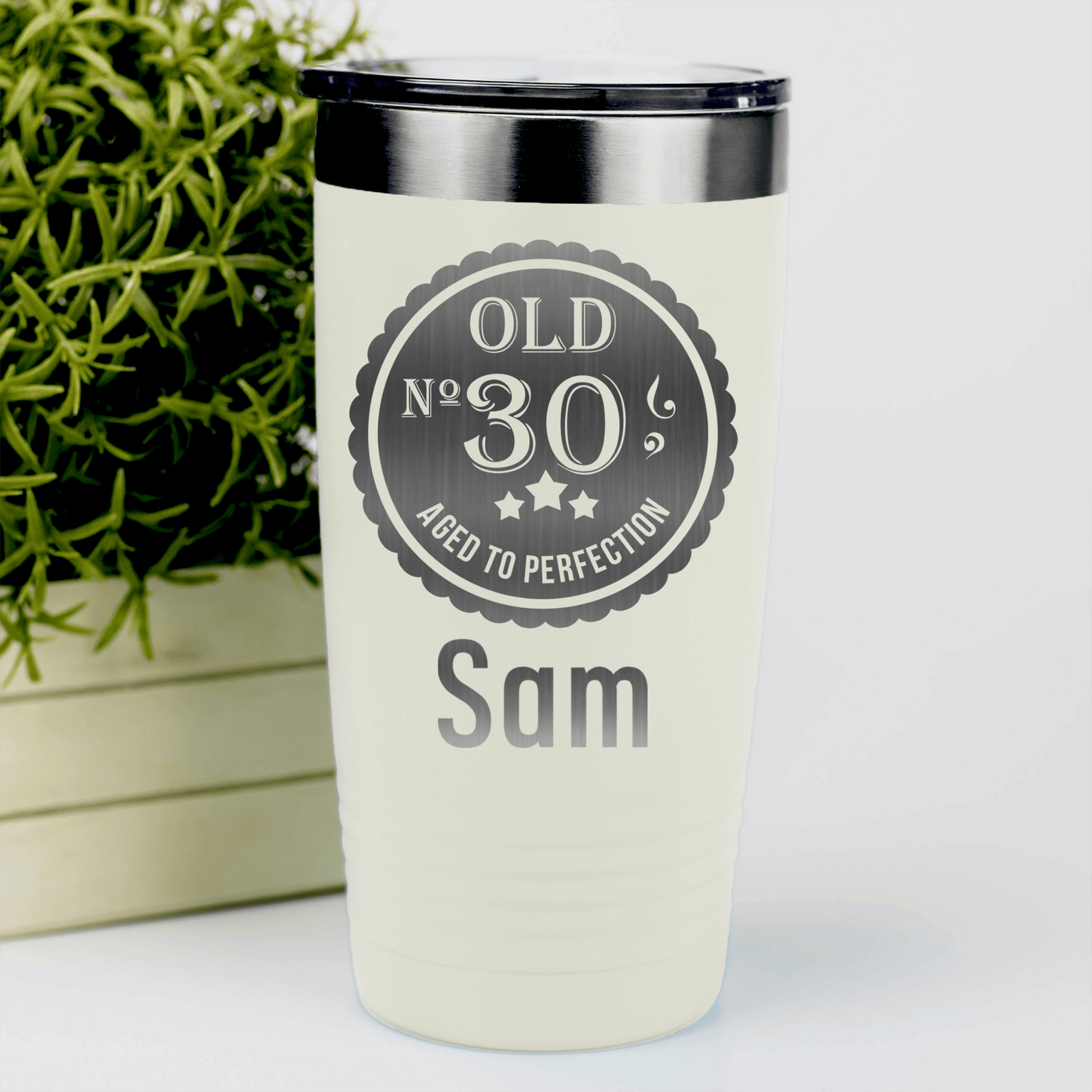 White Birthday Tumbler With Thirty Aged To Perfection Design