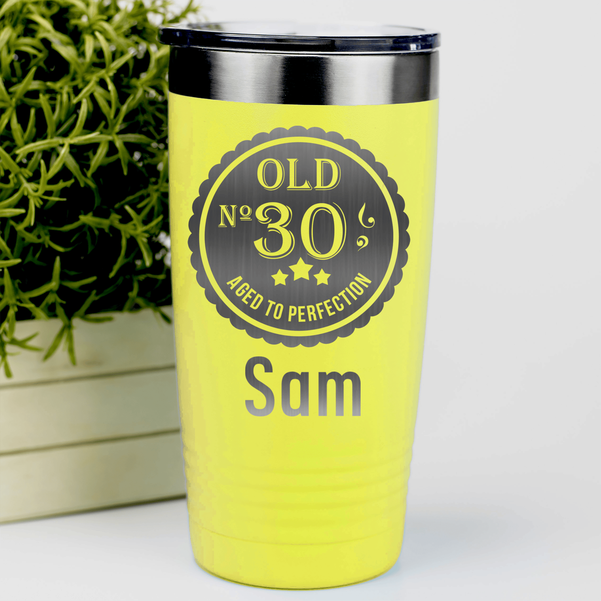 Yellow Birthday Tumbler With Thirty Aged To Perfection Design