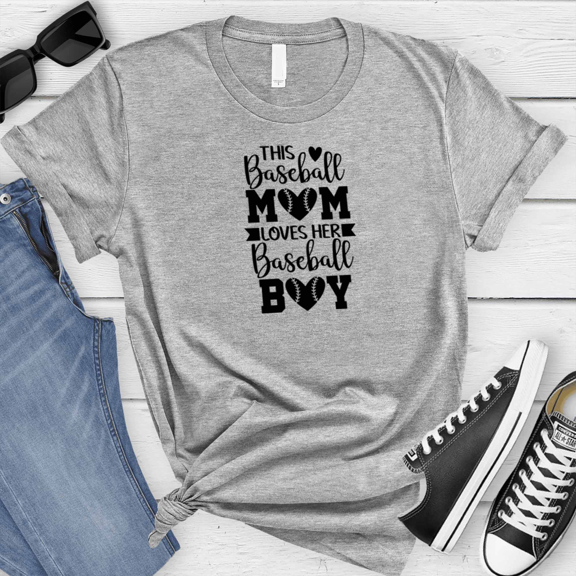 Womens Grey T Shirt with This-Baseball-Mom-Loves-Her-Son design
