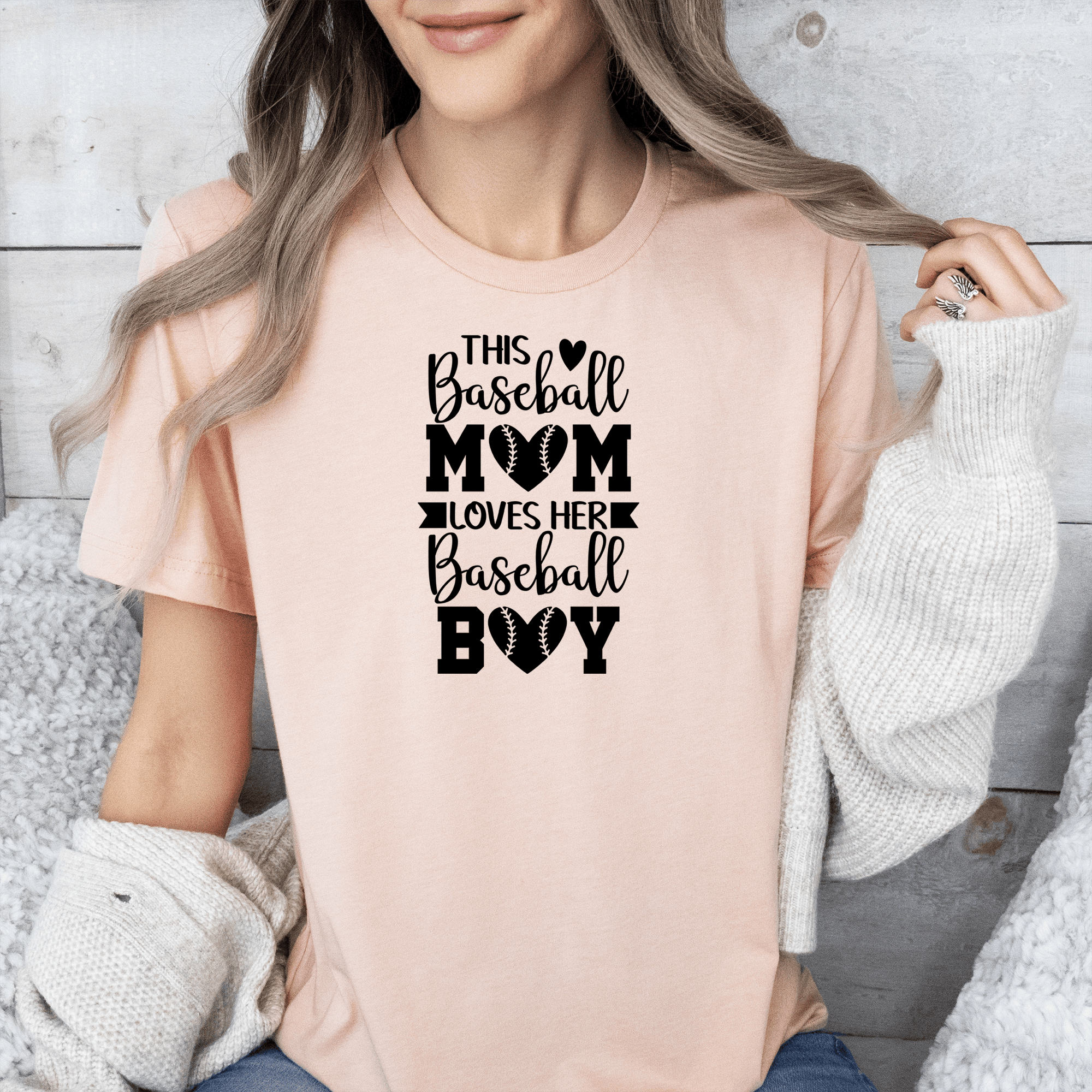 Womens Heather Peach T Shirt with This-Baseball-Mom-Loves-Her-Son design