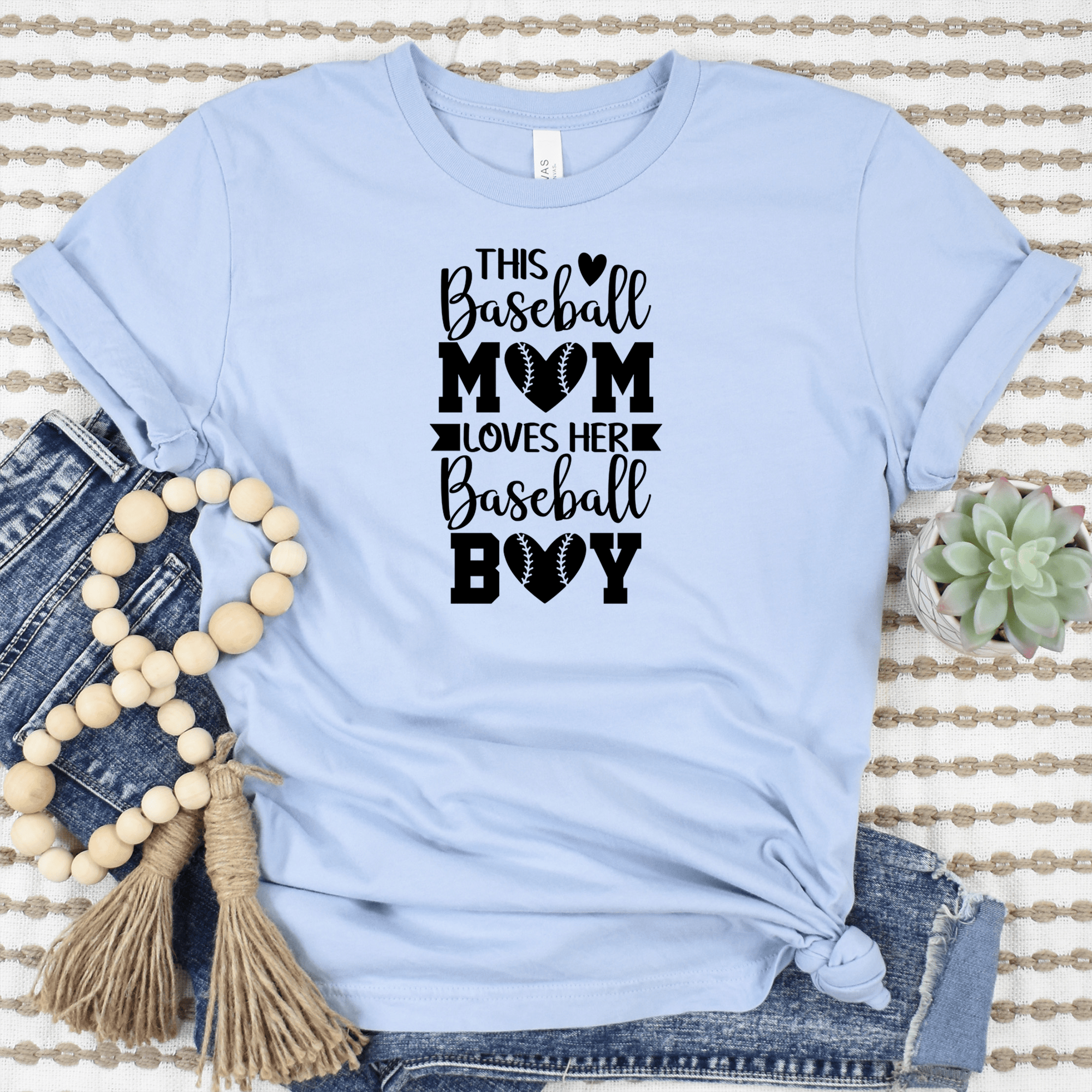 Womens Light Blue T Shirt with This-Baseball-Mom-Loves-Her-Son design