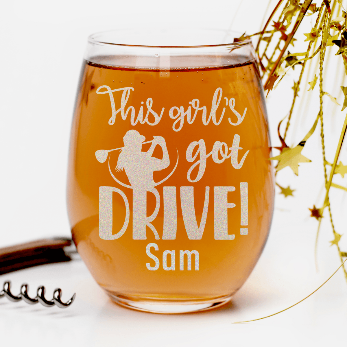 Personalized This Girls Got Drive Stemless Wine Glass for her, Customized Gifts for Women by Groovy Girl Gifts