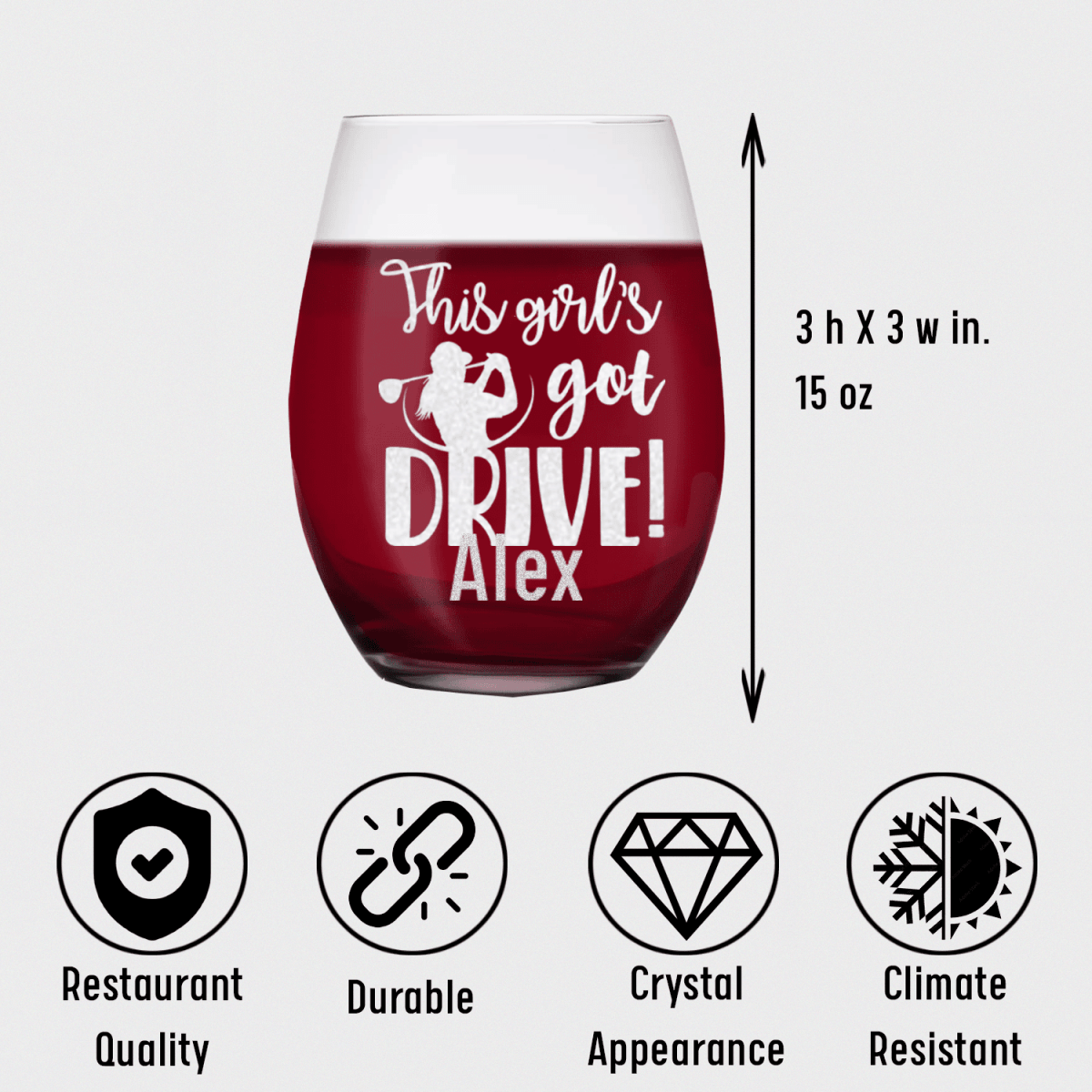 Personalized This Girls Got Drive Stemless Wine Glass for her, Customized Gifts for Women by Groovy Girl Gifts