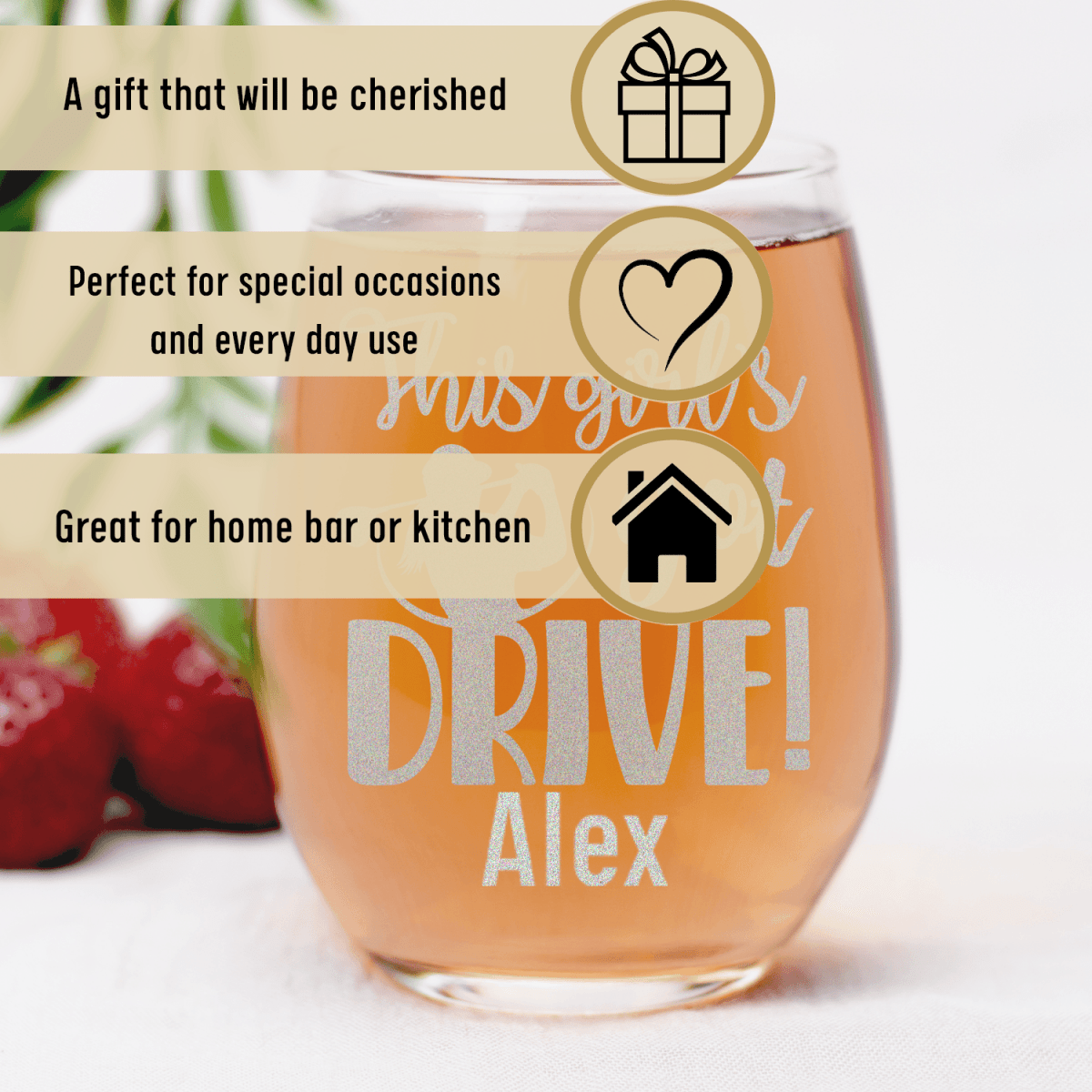 Personalized This Girls Got Drive Stemless Wine Glass for her, Customized Gifts for Women by Groovy Girl Gifts