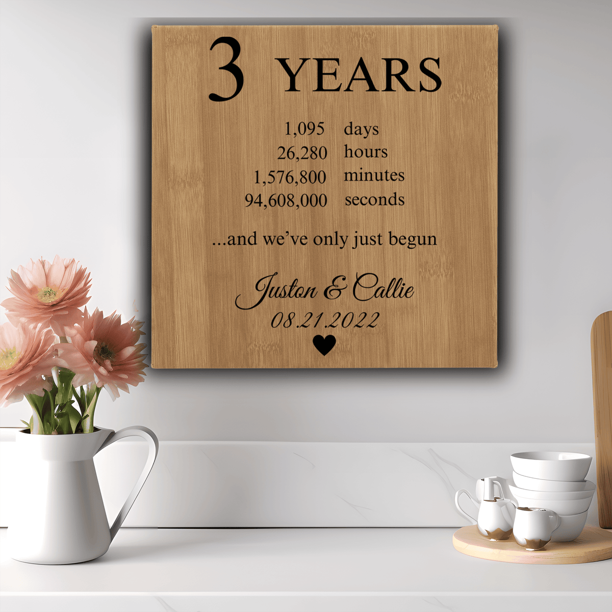 Bamboo Leather Wall Decor With Three Year Anniversary Design