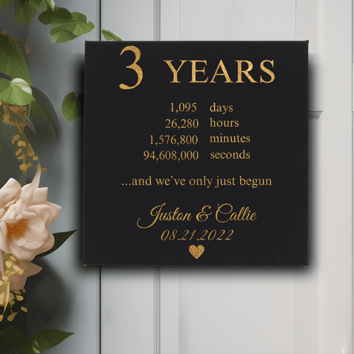 Black Gold Leather Wall Decor With Three Year Anniversary Design