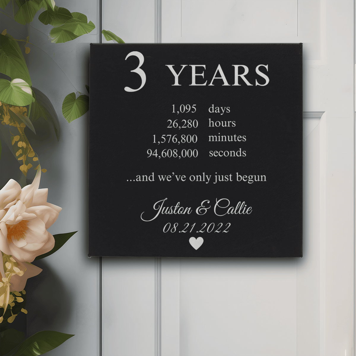 Black Silver Leather Wall Decor With Three Year Anniversary Design
