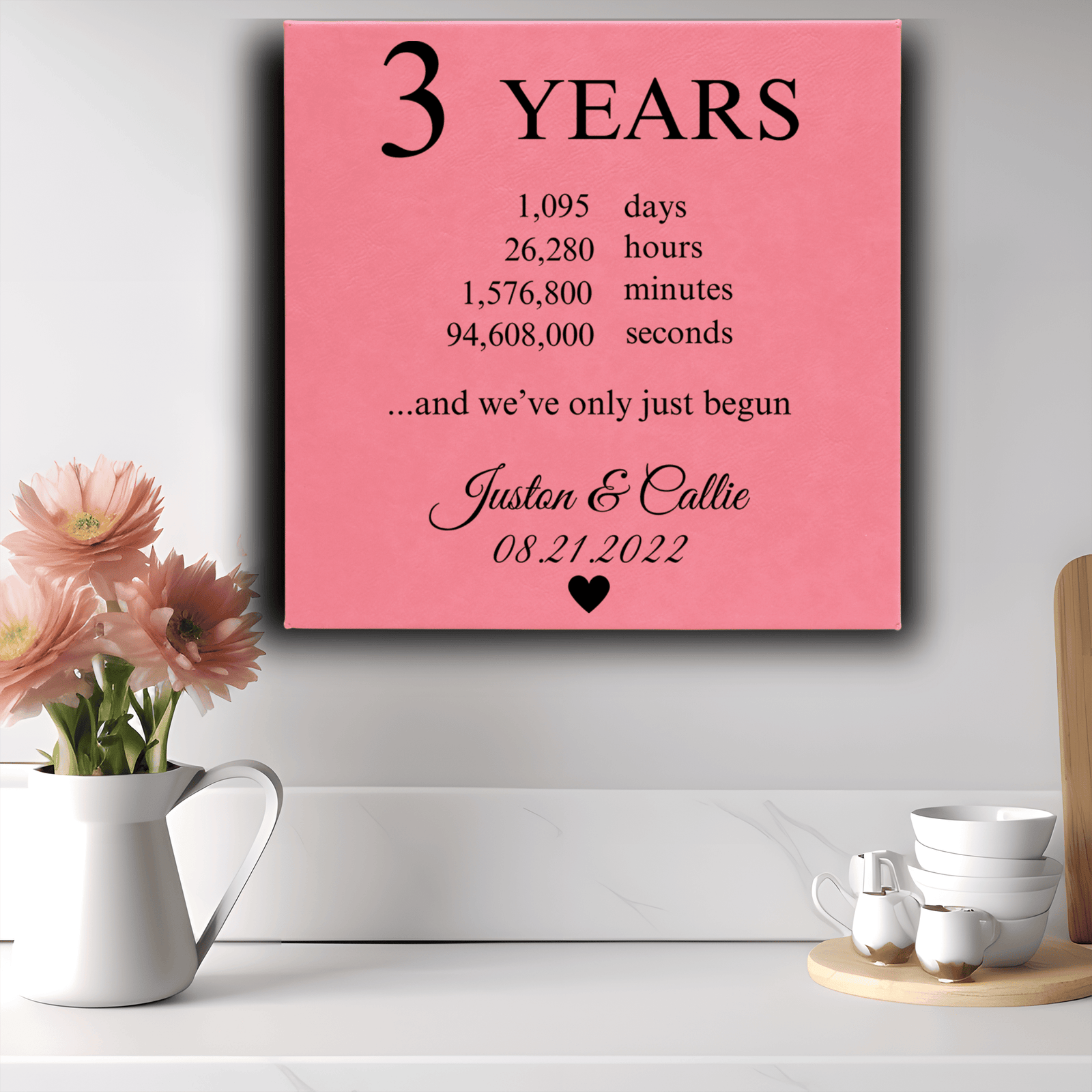 Pink Leather Wall Decor With Three Year Anniversary Design