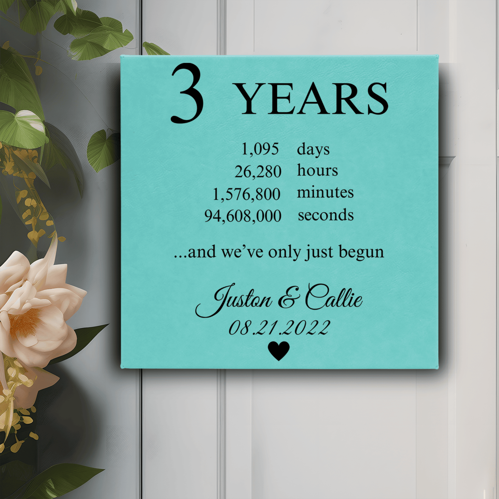 Teal Leather Wall Decor With Three Year Anniversary Design