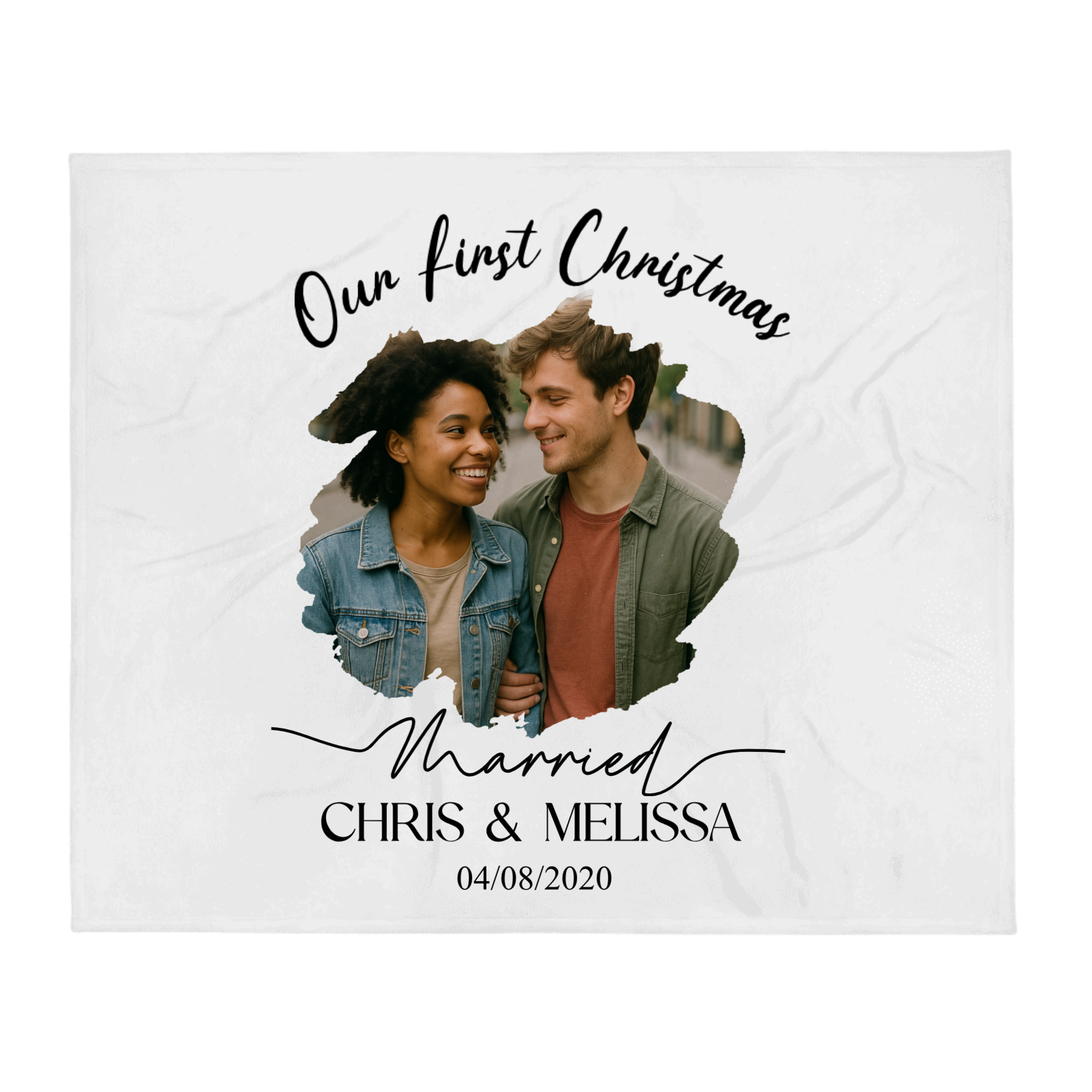 Personalized wedding photo blanket with custom title, names, and date – soft silk touch throw