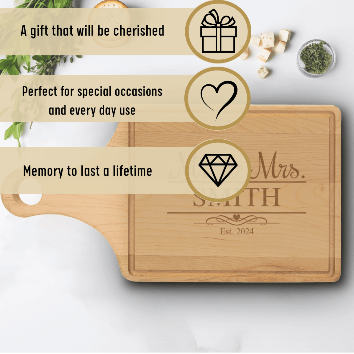 Anniversary Maple Paddle Cutting Board With Timeless Bonds Design