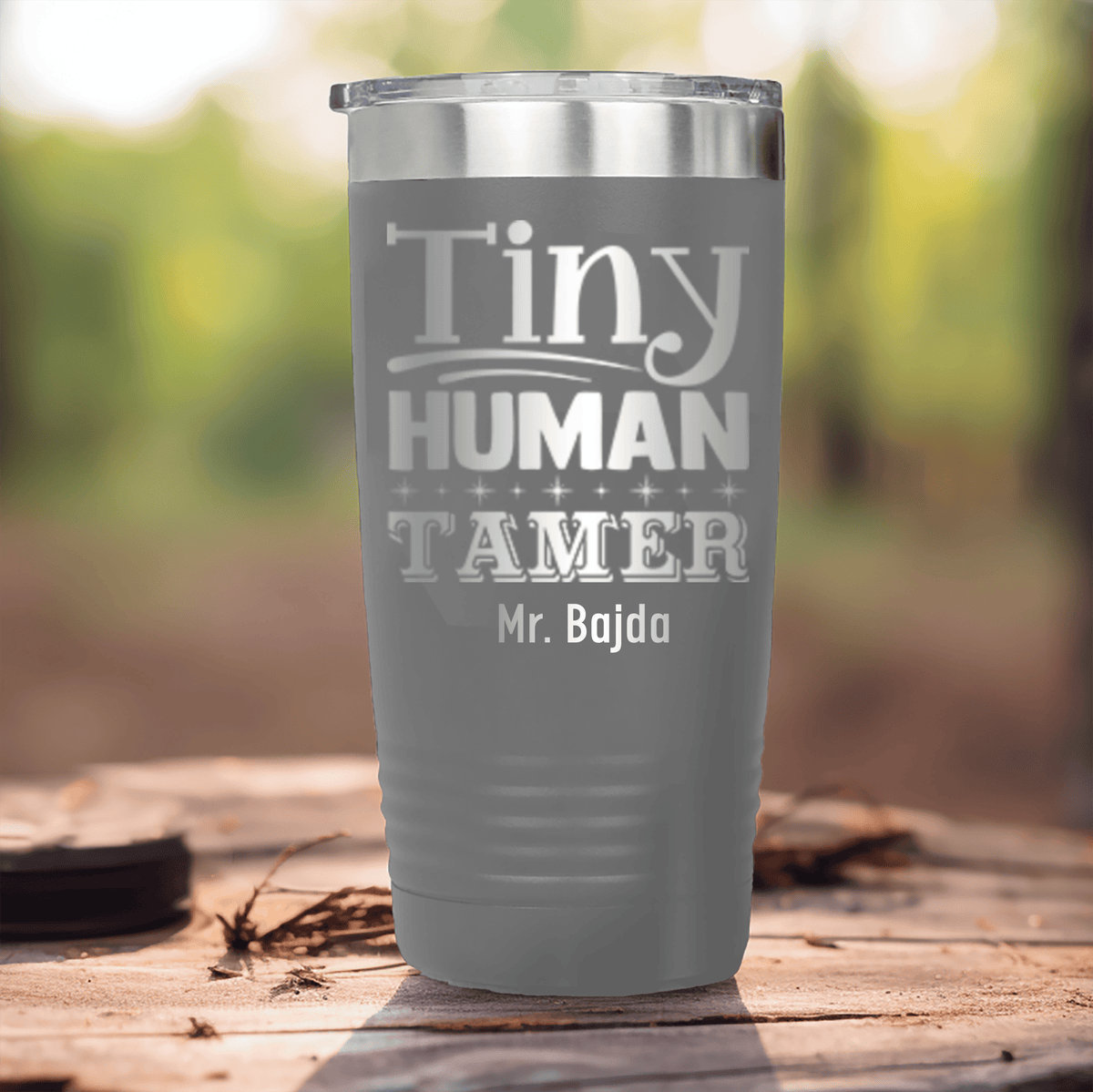 Grey Teacher Tumbler With Tiny Human Tamer Design