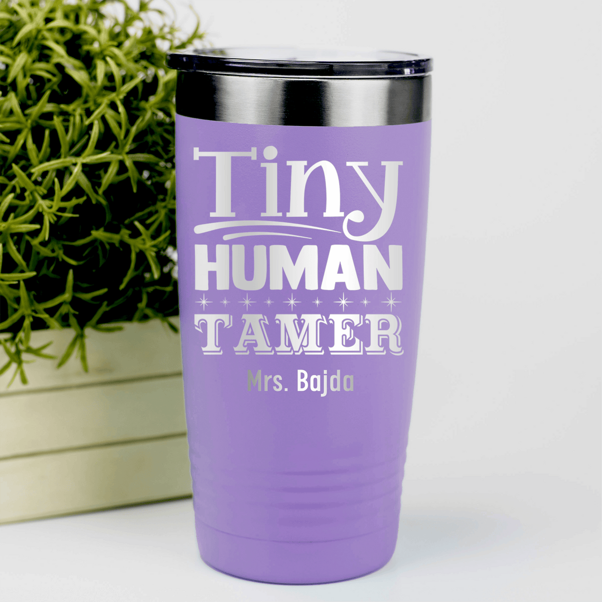 Light Purple Teacher Tumbler With Tiny Human Tamer Design