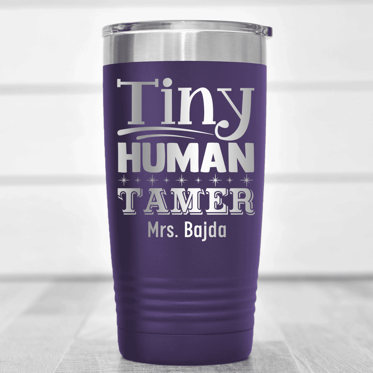Purple Teacher Tumbler With Tiny Human Tamer Design