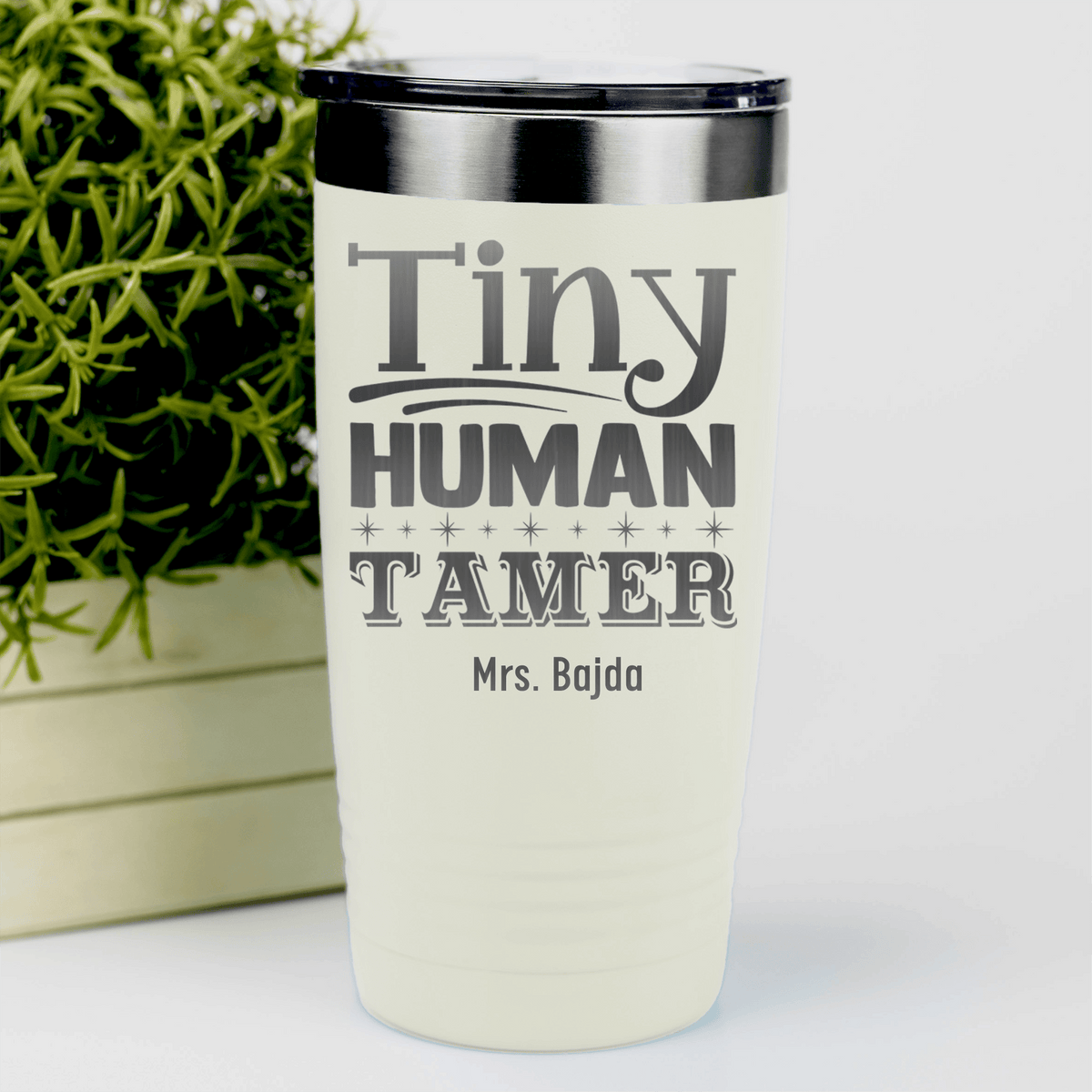 White Teacher Tumbler With Tiny Human Tamer Design