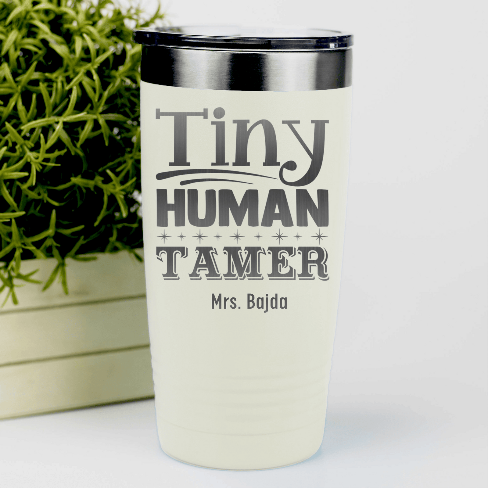 White Teacher Tumbler With Tiny Human Tamer Design