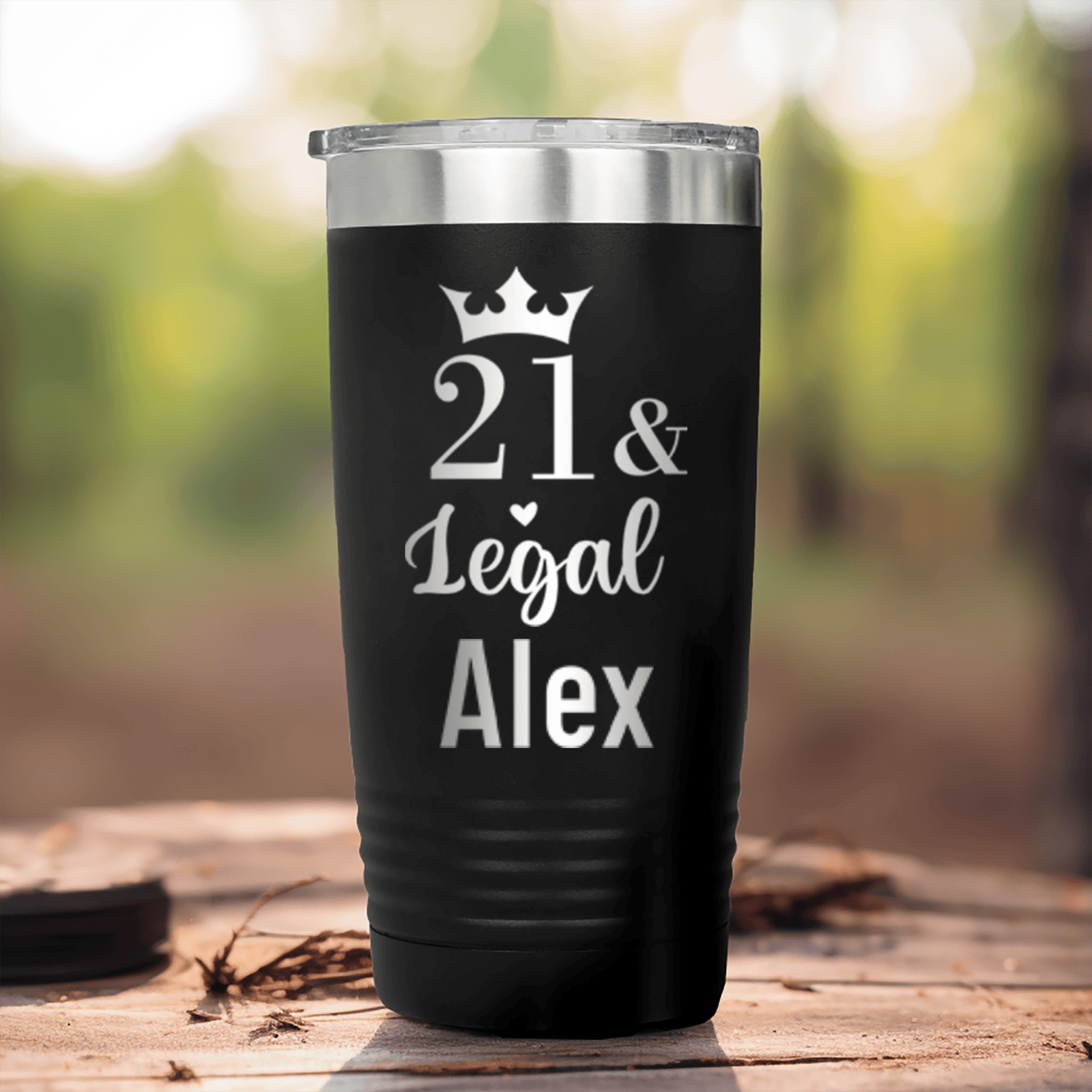Black Birthday Tumbler With Twenty One And Legal Design