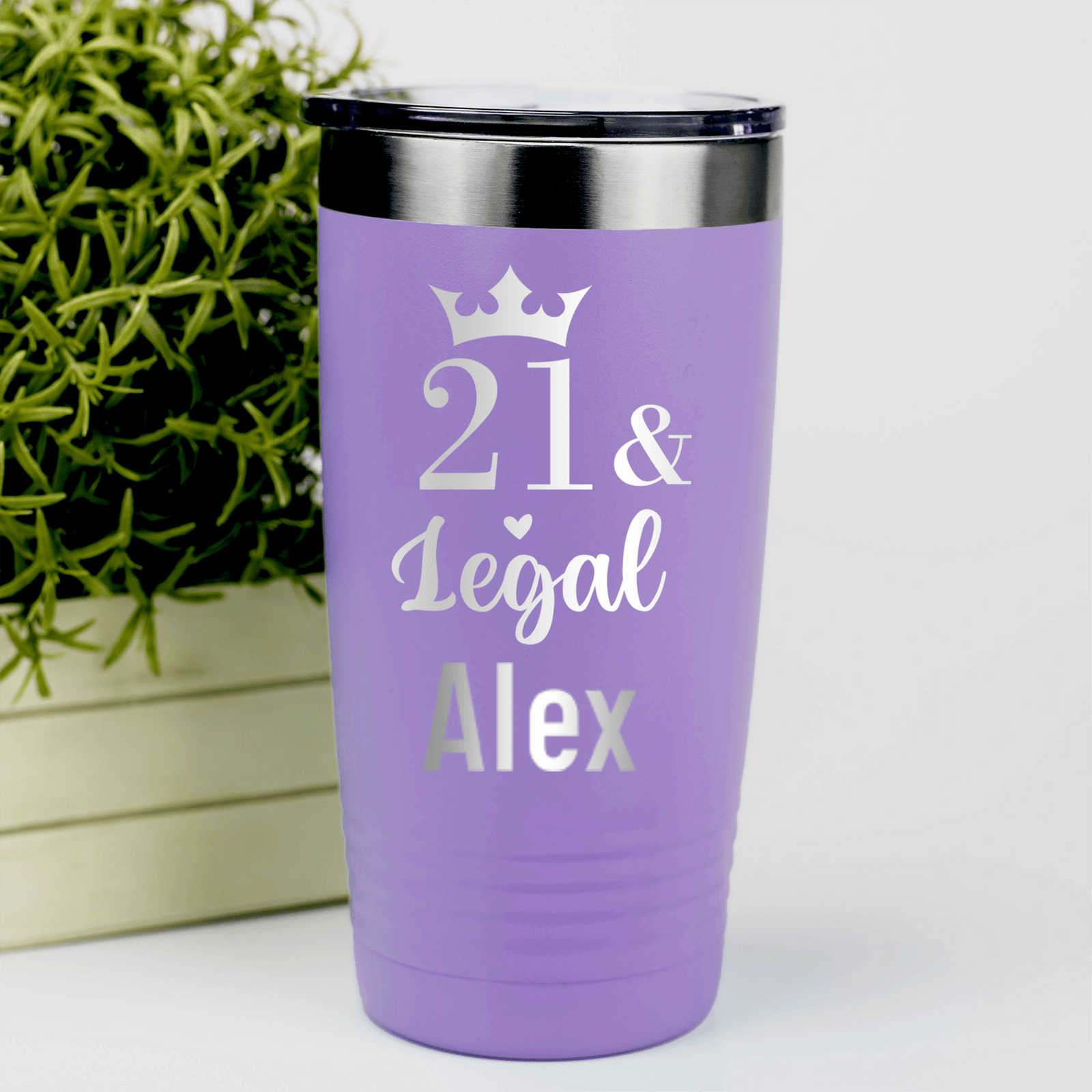 Light Purple Birthday Tumbler With Twenty One And Legal Design