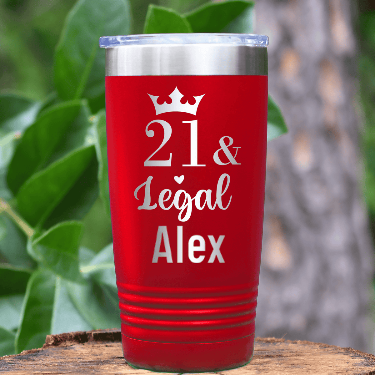 Red Birthday Tumbler With Twenty One And Legal Design