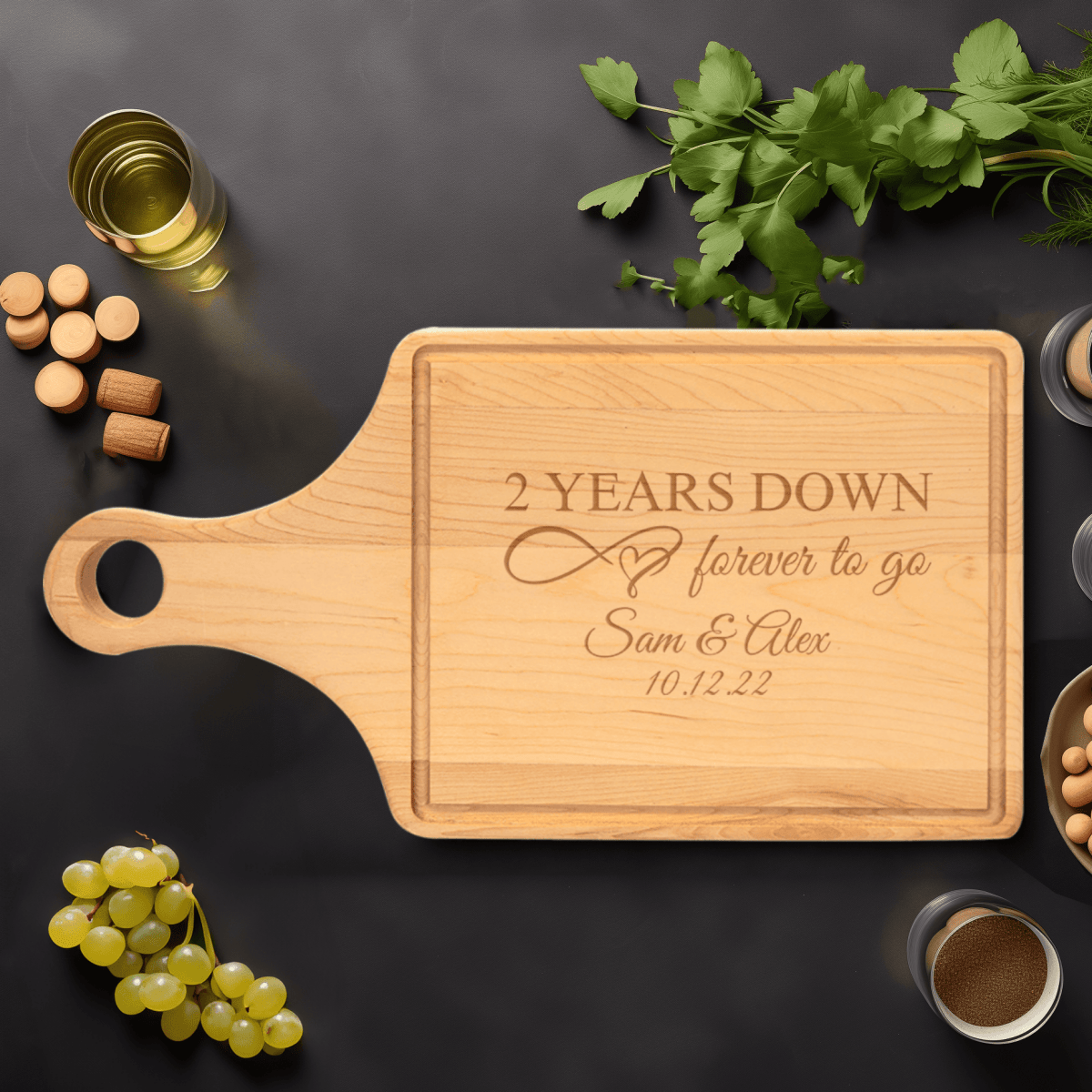 Anniversary Maple Paddle Cutting Board With Two Years Down Design